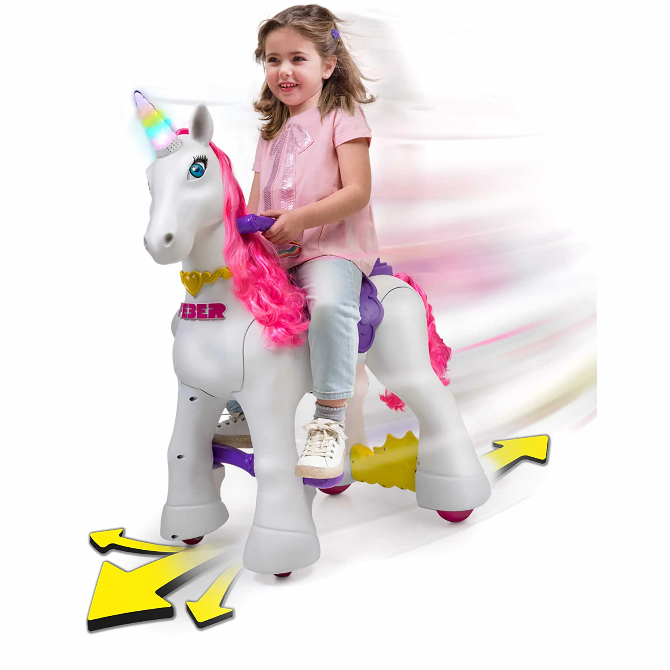 FEBER - My Lovely Unicorn z różową grzywką, elektronicznym zwierzakiem i pojazdem akumulatorowym 12 V (Famosa 800011603)