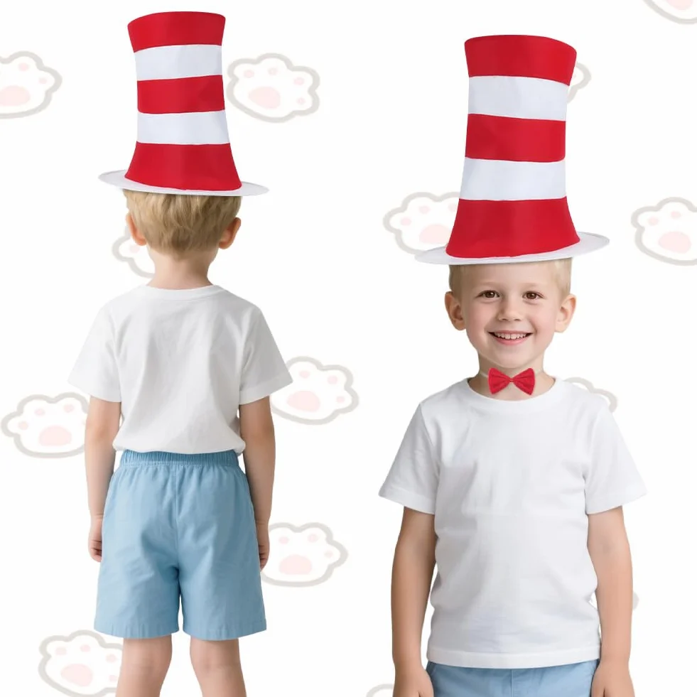 AUYAO Kostium kota dla dzieci, kostium szalonego kota, kostium The Cat In The Hat kostium Grinch kostium dla dzieci, w paski, czerwony kapelusz, czerwona muszka, białe rękawiczki, ogon kota, kostium