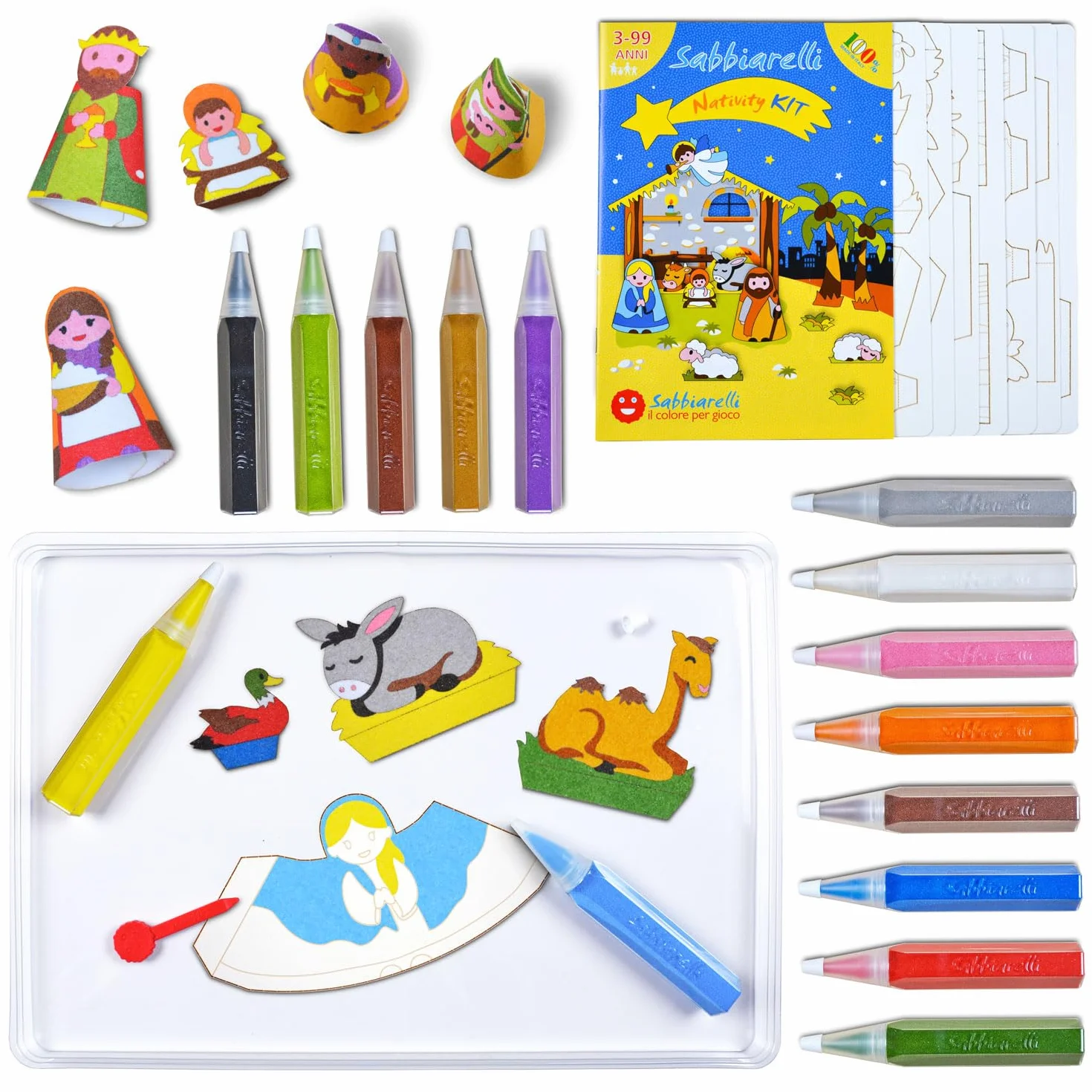 Sabbiarelli Sand-it For Fun – Maxi Kit Nativity 3-99 | Kit Sand Art 100% Made in Italy z Kolorowym Piaskiem, Rysunkami i Akcesoriami | Stwórz Szopkę | Prace dla Całej Rodziny