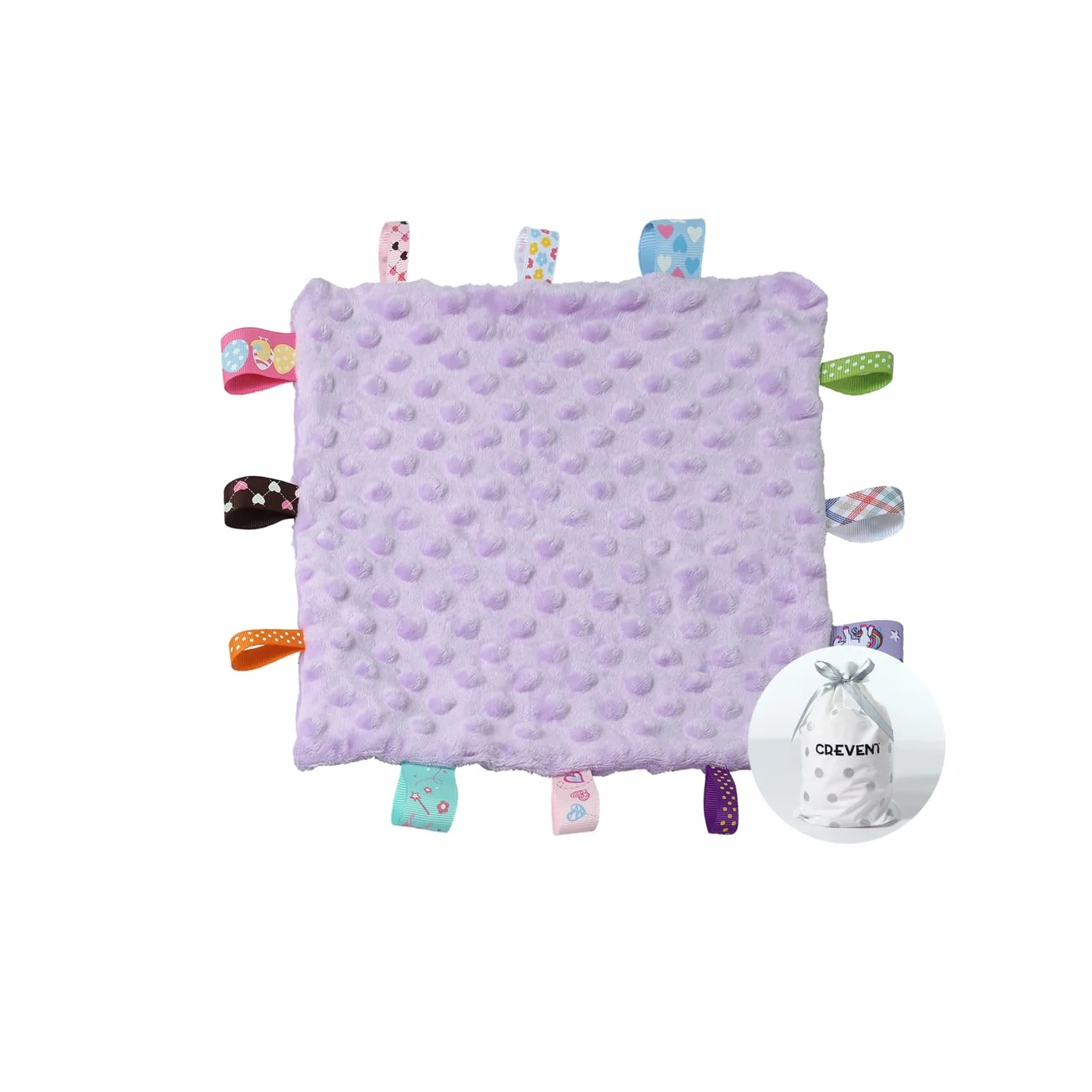 CREVENT Polarowa pluszowa etykieta, koc bezpieczeństwa dla niemowląt, miękki, dla małych ukochanych, koc sensoryczny, świetny prezent na urodziny, baby shower, 24,5 x 24,5 cm, fioletowa metka