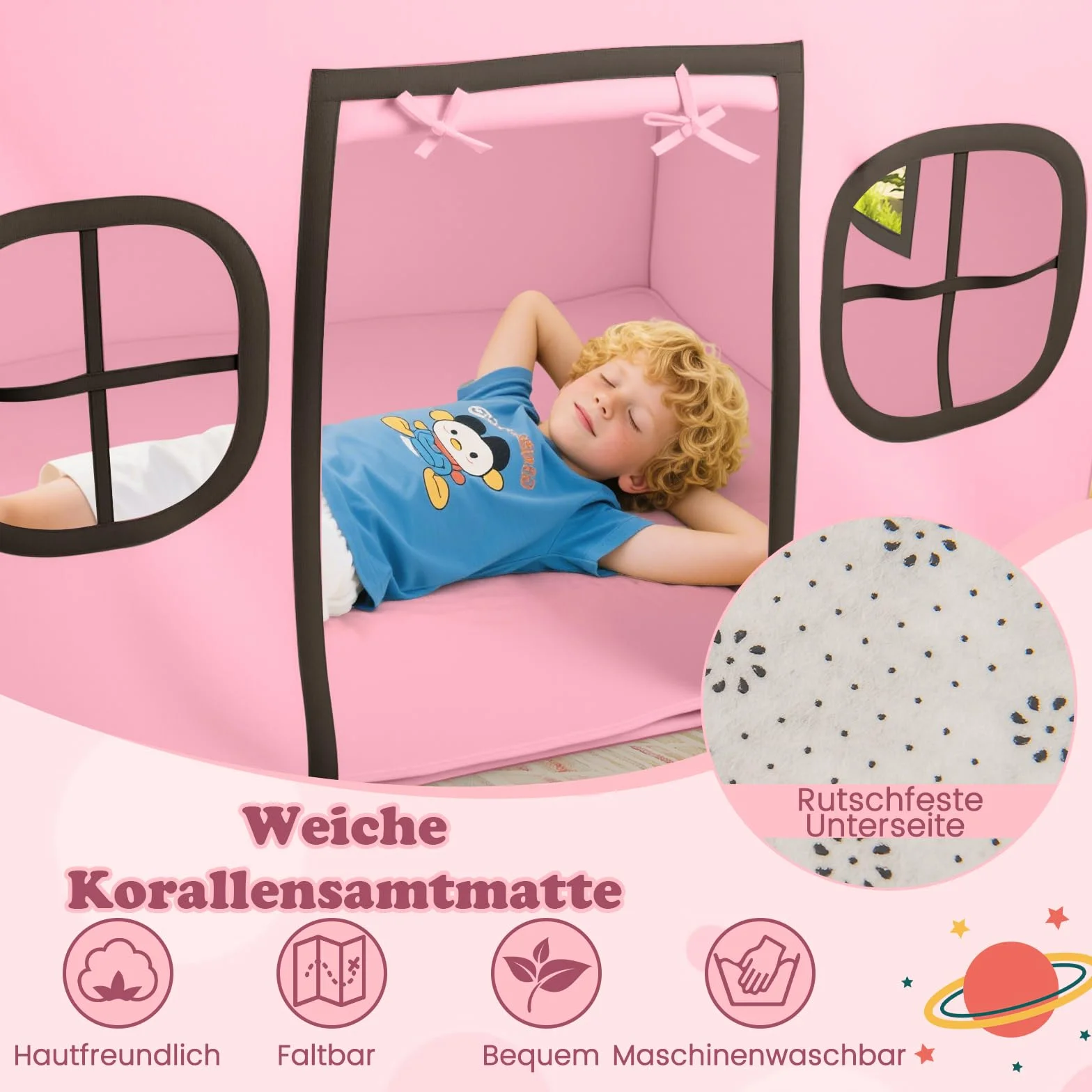 COSTWAY Domek do zabawy dla dzieci do wnętrz, namiot dziecięcy ze światełkami w gwiazdki i wyściełaną matą, namiot do zabawy z zasłoną na drzwi i oknami, domek do zabawy dla chłopców i dziewczynek od