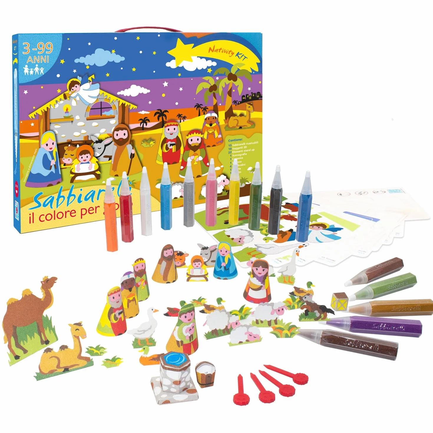 Sabbiarelli Sand-it For Fun – Maxi Kit Nativity 3-99 | Kit Sand Art 100% Made in Italy z Kolorowym Piaskiem, Rysunkami i Akcesoriami | Stwórz Szopkę | Prace dla Całej Rodziny