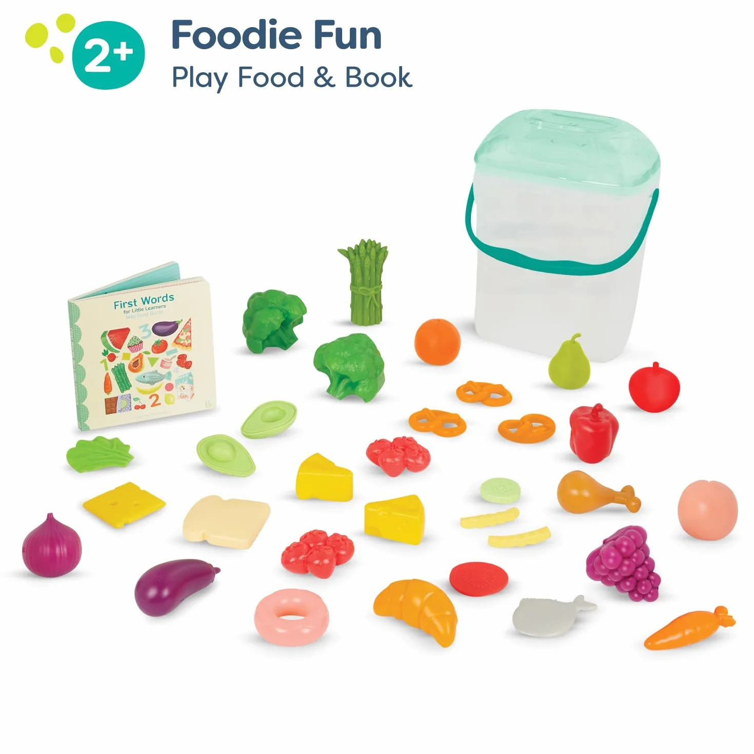 B. toys Zestaw planszy, 32-częściowy zestaw do zabawy - Educational Book for Toddlers - Storage Bucket with Lid - 2 Years + - Foodie Fun, wielokolorowy (Branford BX2125Z)