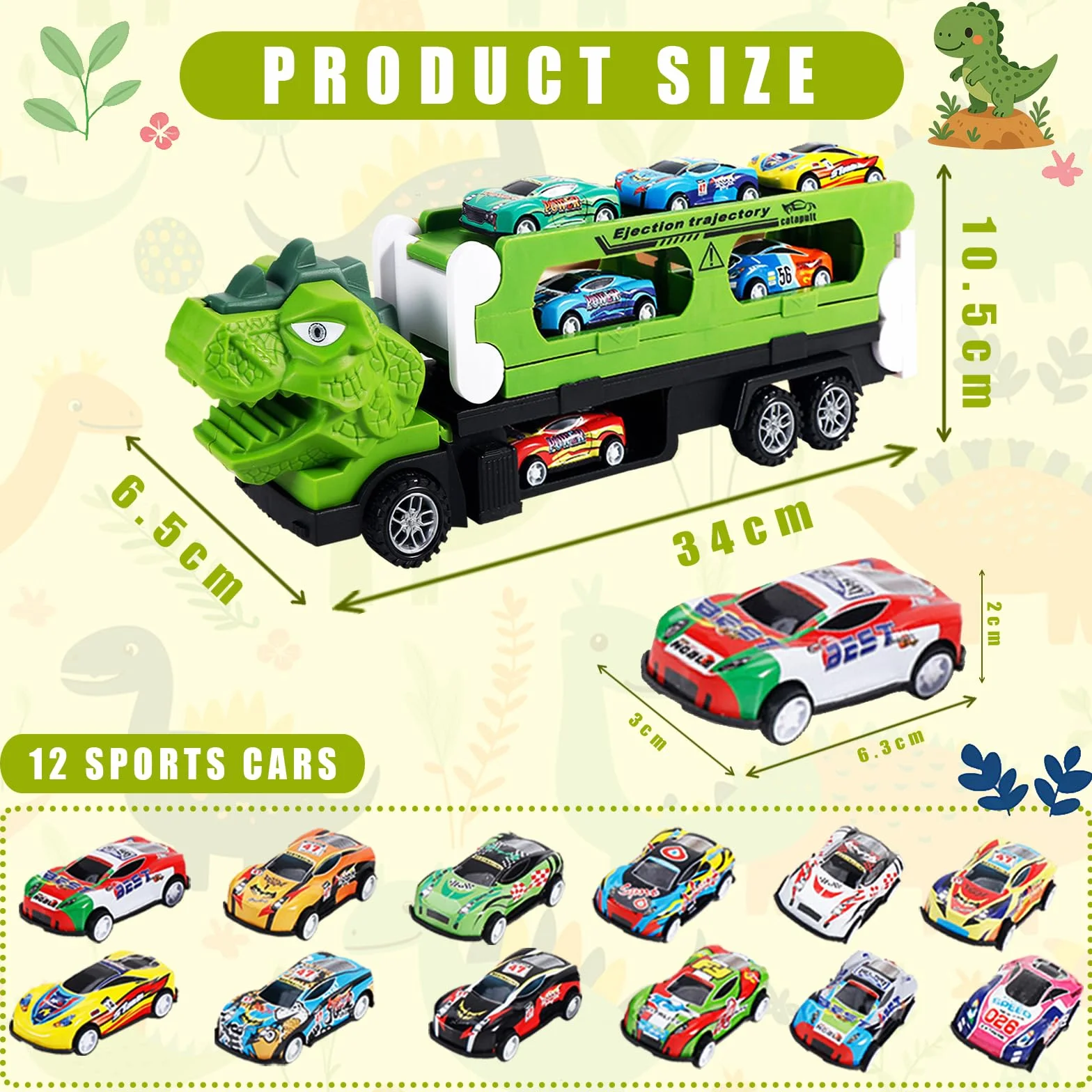 Zestaw 2 w 1 transporter dinozaurów z 12 metalowymi samochodzikami zabawkowymi, przenośny tor wyścigowy dinozaurów dla dzieci – zestaw samochodzików zabawkowych, ciężarówka transportowa i tor