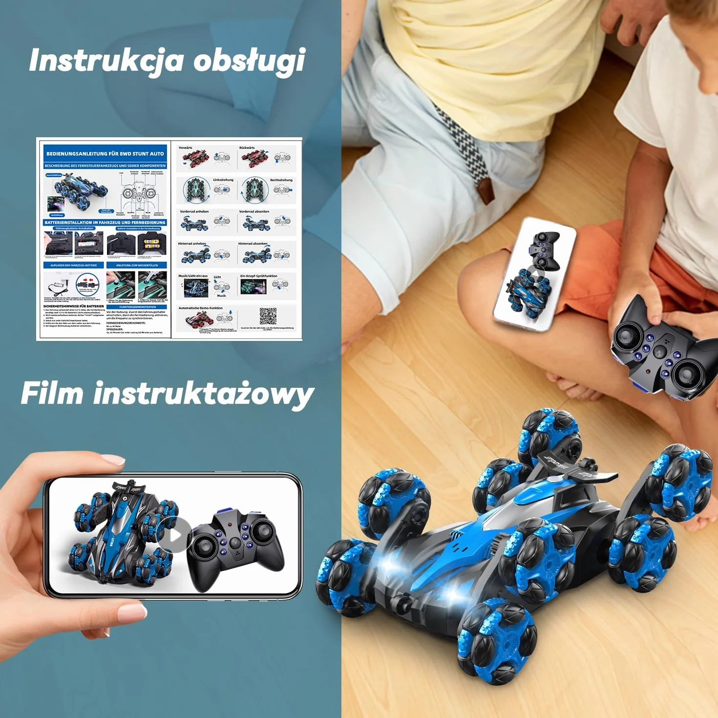 Zdalnie Sterowany Samochód Akrobacyjny 1:16 dla Dzieci 6+, 8 Kół, Sterowanie Gestami 2.4 GHz, Światła LED, Mgła i Muzyka - Zabawka RC dla Chłopców i Dziewczynek 6-10 Lat (Niebieski)