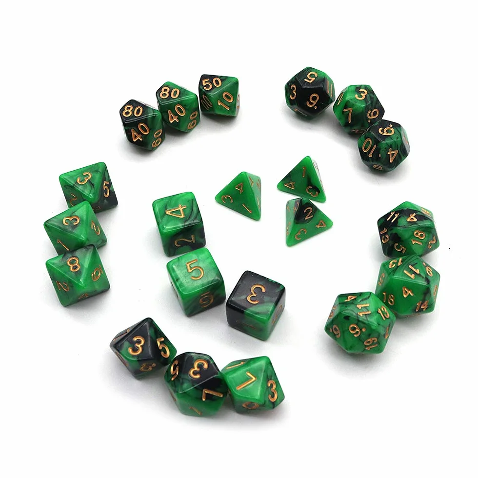 DollaTek Zestaw ko?ci wielo?ciennych, gry sto?owe, 3 zestawy ko?ci 3 x 7 (21 sztuk), seria matryc, D20, D12, D10, D8, D6, D4, DND, DND, RPG, MTG, podwójne kolory, jednocz??ciowe (czarno-zielone)