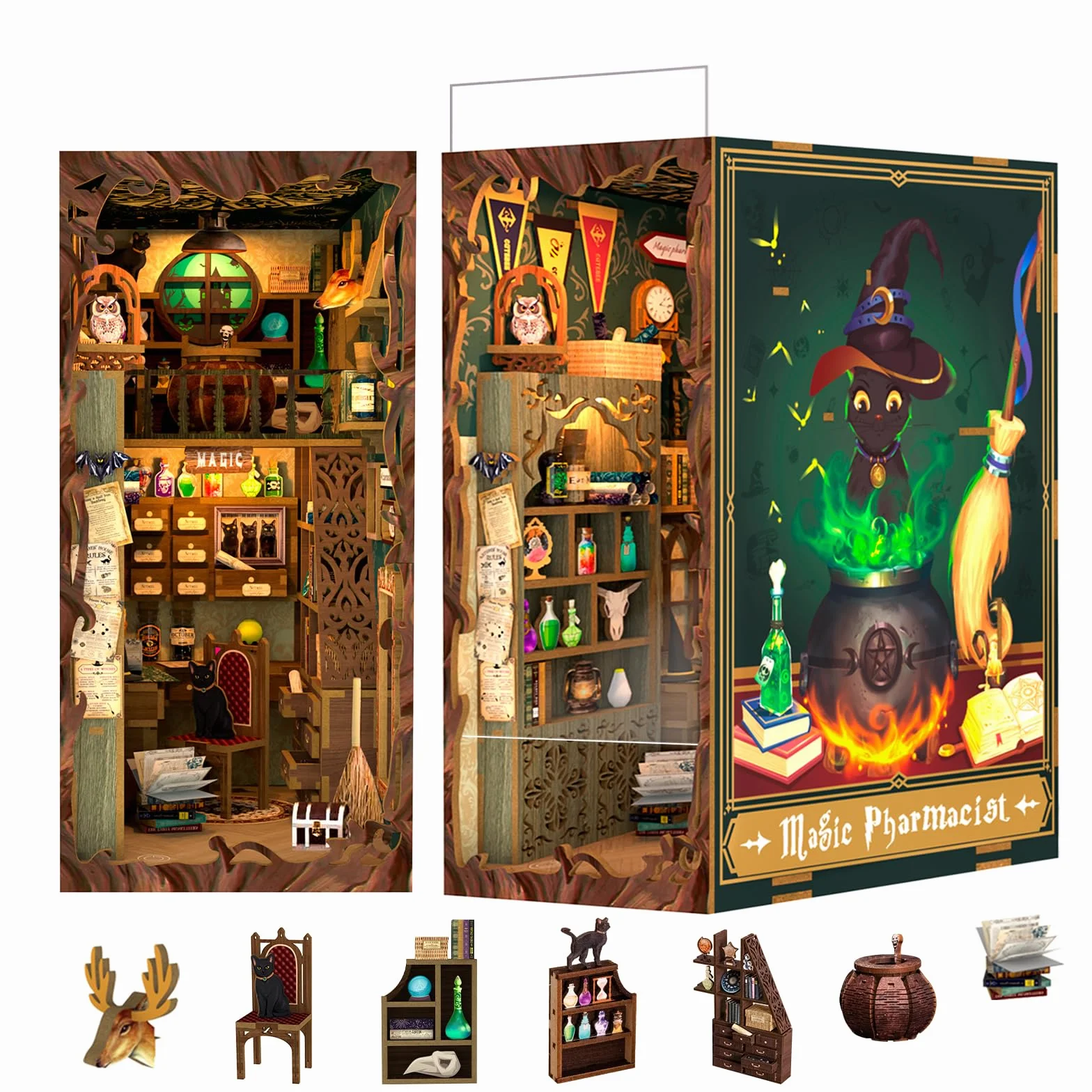 Fsolis Book Nook DIY, miniaturowy domek dla lalek, zestaw z drewnianymi meblami i oświetleniem LED, narożnik na książki, zestaw do budowy dla dorosłych, kreatywny prezenti(Magic Pharmacist)