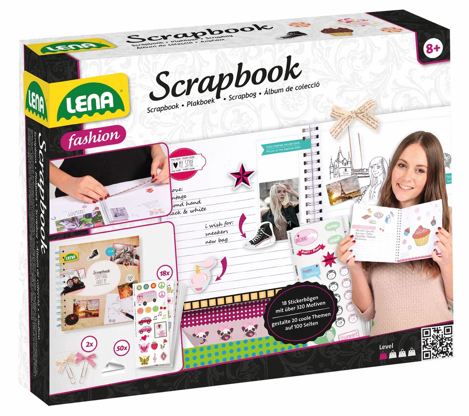 Lena 42332 - Zestaw Scrapbookingu z Albumem, 20 Tematów, 18 Arkuszy Naklejek, 300 Motywów, Narożniki Zdjęć, 2 Klipsy Wstążki, Kreatywny Zestaw dla Dzieci od 8 Lat