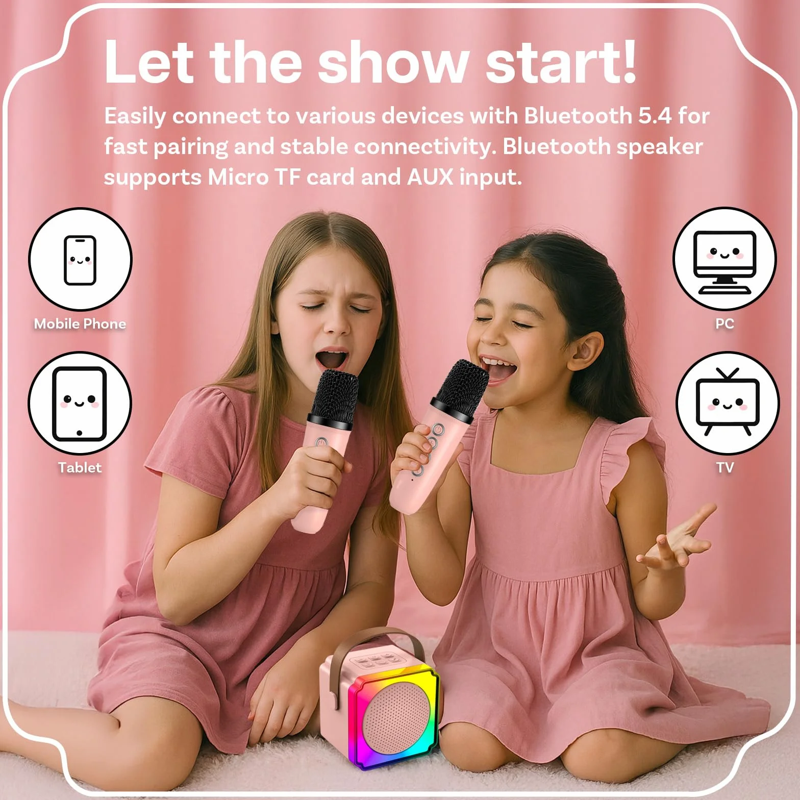 Maszyna do Karaoke dla Dzieci firmy MMOBIEL - Przenośna Maszyna do Karaoke - Głośnik Bluetooth, 2 Mikrofony, Światła LED, 5 Efektów Dźwiękowych - Prezenty dla Dziewcząt, Chłopców, 3+ Lata - Różowy