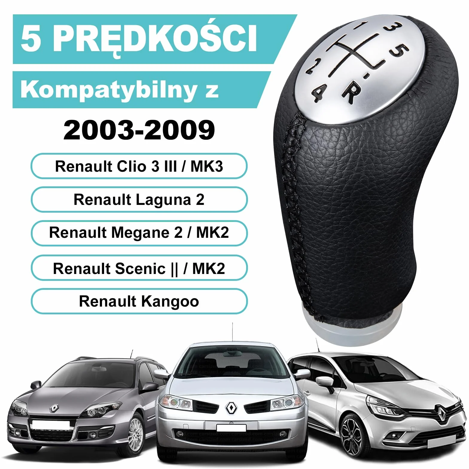 Gałka dźwigni zmiany biegów Spurtar Clio 3 do Renault Clio III 2005-09, Megane 2 Laguna 2 2003-09, Clio 4 2012-19 czarna skóra, z adapterem