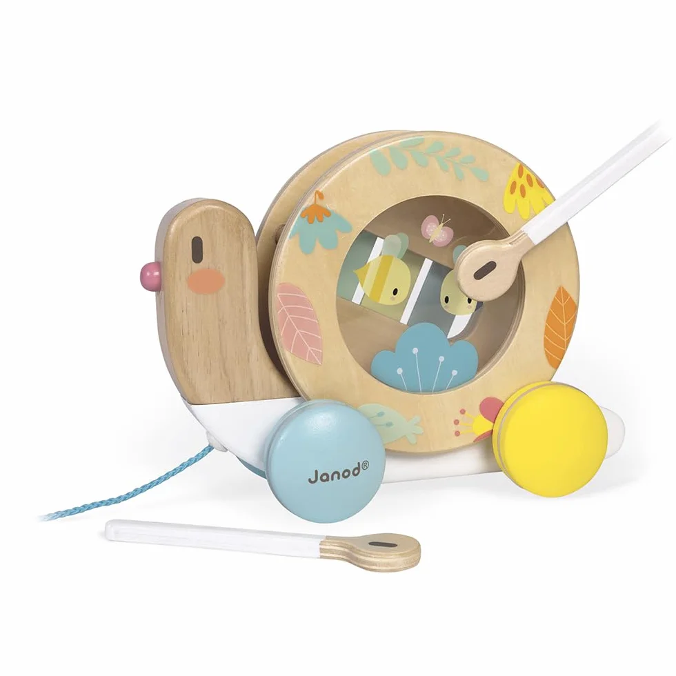 Janod - Wooden Pure Pull-Along Snail - Wooden Toy with Xylophone and Tambourine - Water Based Paint - Educational Musical Early Learning Toy - from 1 Year Old, J05159
