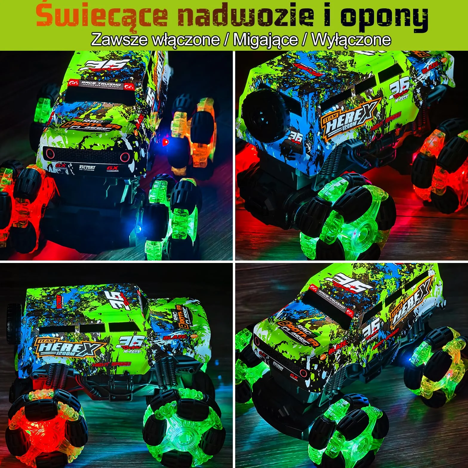 PENGBU RC Zdalnie sterowany samochód od 3, 4, 6 lat, 2,4 GHz, monstertruck, zdalnie sterowany samochód z oświetleniem, oponami i muzyką, 1/20, z obrotem o 360° i 2 akumulatorami, chłopcy 3, 4, 5, 6, 7
