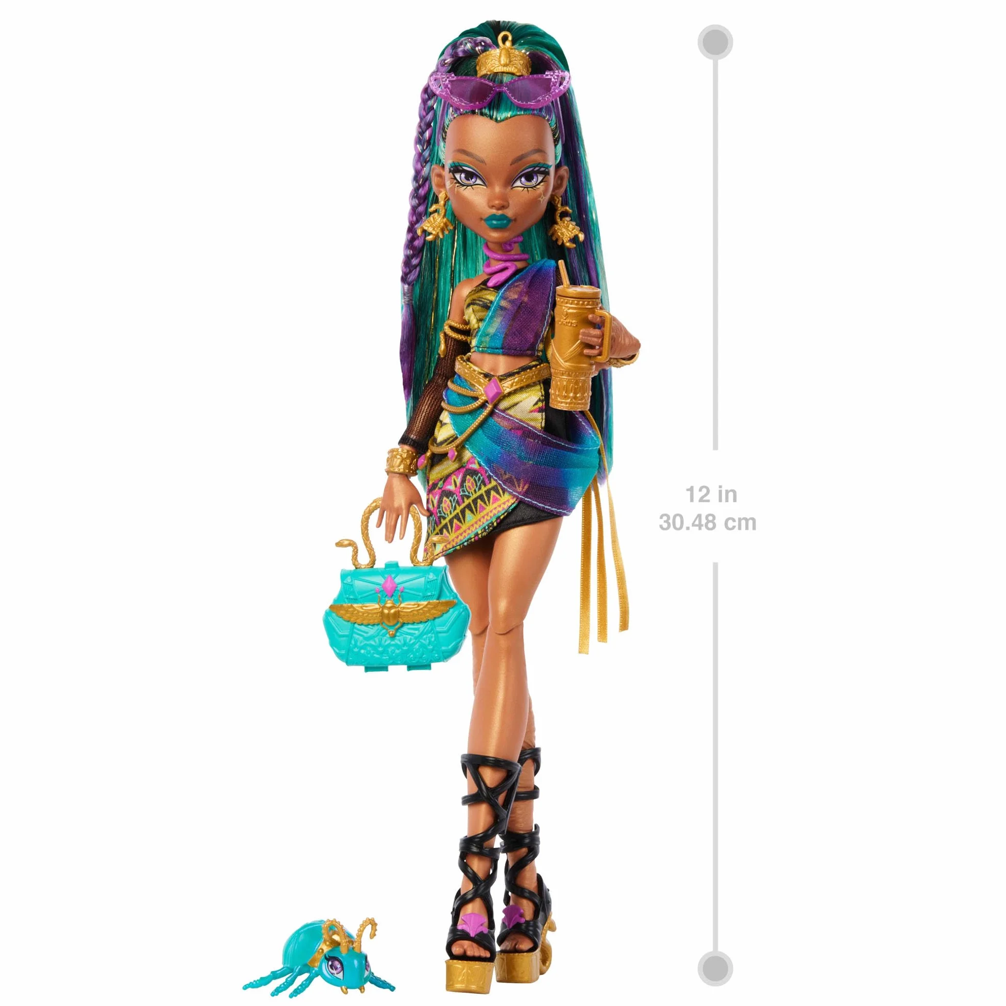 Monster High Nefera de Nile Lalka podstawowa, królewska mumia w sukience + skarabeusz Lavish i 7 akcesoriów, w tym torebka, „laptop”, okulary przeciwsłoneczne, zabawka dla dzieci 4+, JDR48