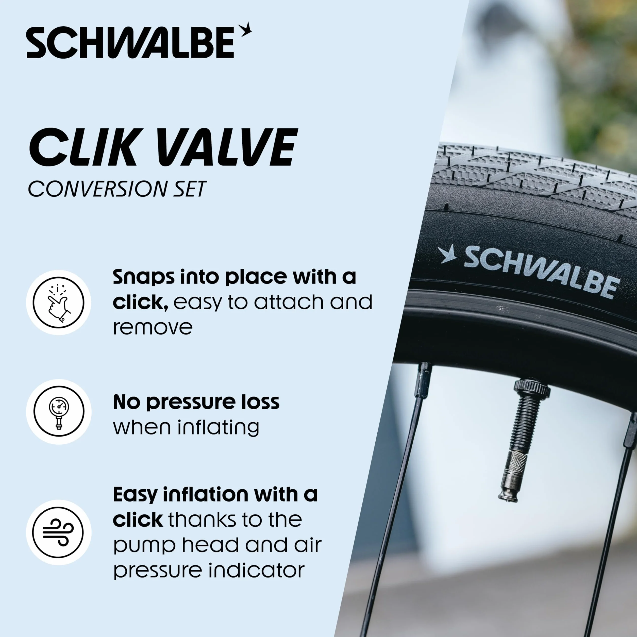 Schwalbe Clik Valve – nakładka na wentyl rowerowy, zestaw do konwersji SV-SCV (Valves with Pump Head)