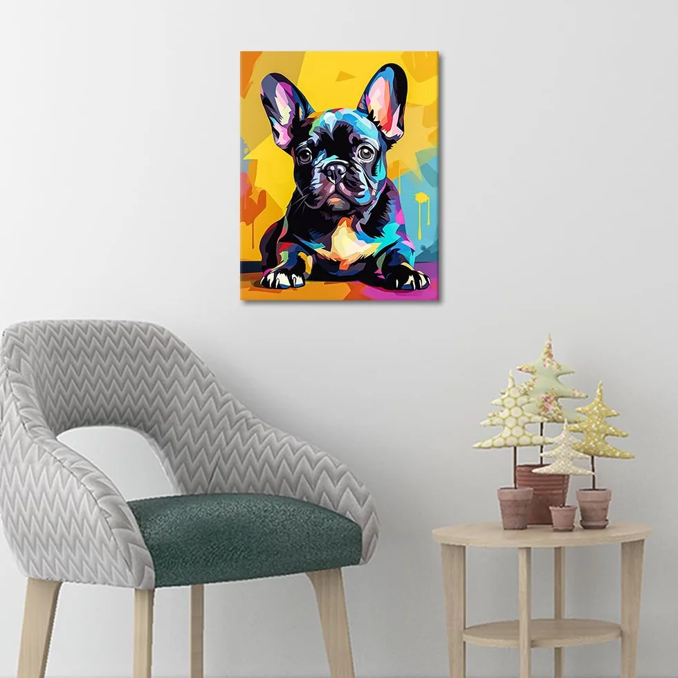 TISHIRON Malowanie według liczb, buldog francuski dla dorosłych i dzieci – szczeniaki na płótnie, zestaw dla początkujących, 40 x 50 cm