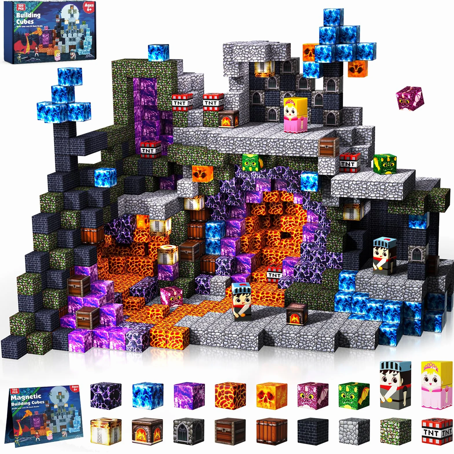 GraceDuck Magnetyczne Klocki 150 Szt Zabawki Budowlane Zbuduj Swój Magnetyczny świat Klocki Magnetyczne Rescue the Princess Edition dla Chłopców w Wieku 3 4 5 6 7 8 9 lat Prezent