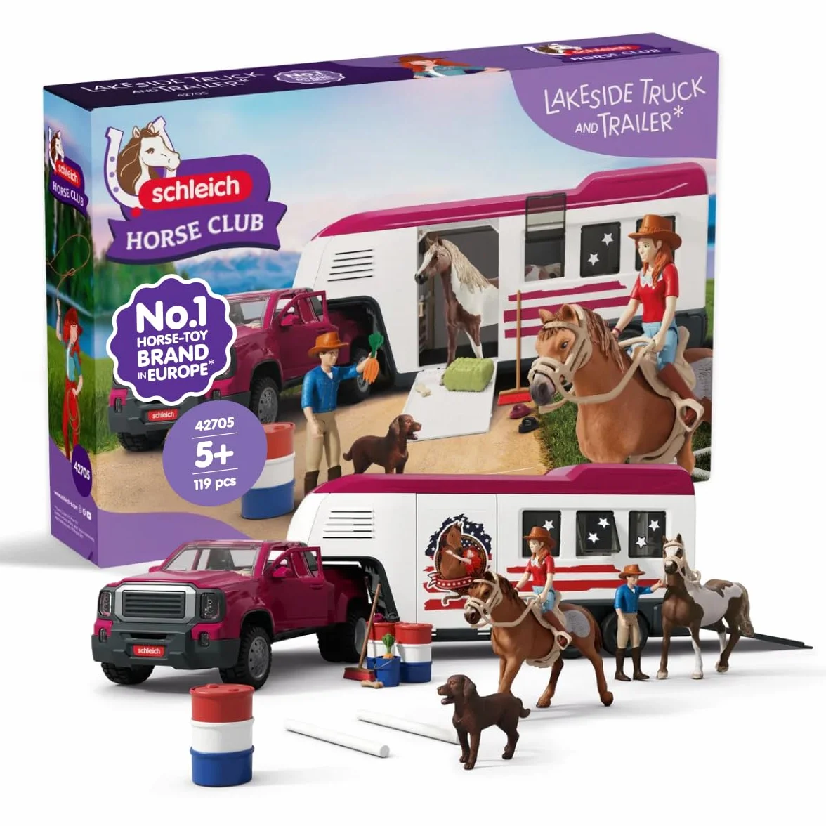 schleich HORSE CLUB | Ciężarówka Lakeside z przyczepą 42705 | Zestaw z ciężarówką, przyczepą dla koni, boksami, Hannah, 2 końmi, psem i akcesoriami | Zabawka dla dzieci od 5 lat | 119-częściowy zestaw