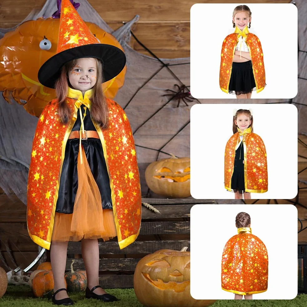 Peleryna czarodzieja, płaszcz czarownicy, dla dzieci, kostium czarownicy, płaszcz i kapelusze dla dzieci, kostium na Halloween, rekwizyty, kostium ze złotymi gwiazdami, dla dzieci, dziewcząt, na