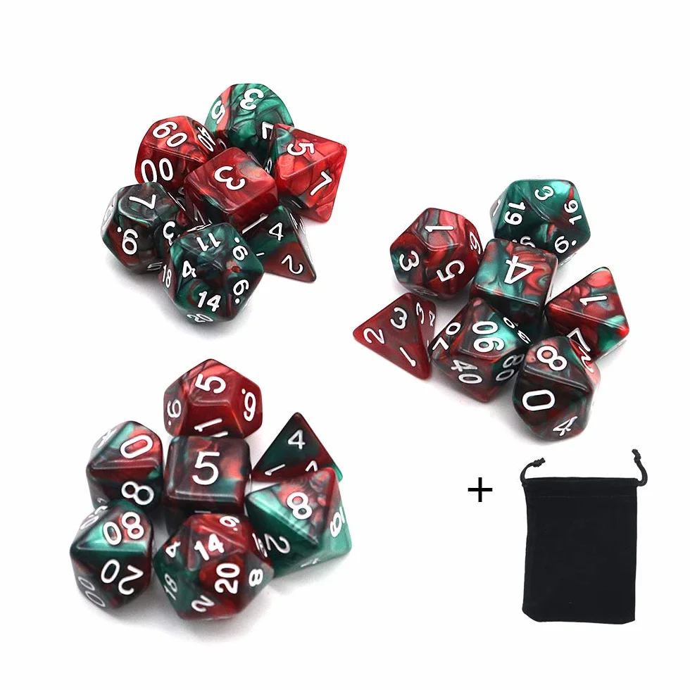 DollaTek Polyhedral Dice zestaw do gry sto?owej, 3 zestawy kostek, 3 x 7 (21 sztuk), seria D20, D12, D10, D8, D6, D4, DND, kostka, DND, RPG, MTG, dwucz??ciowa (czerwona i zielona)