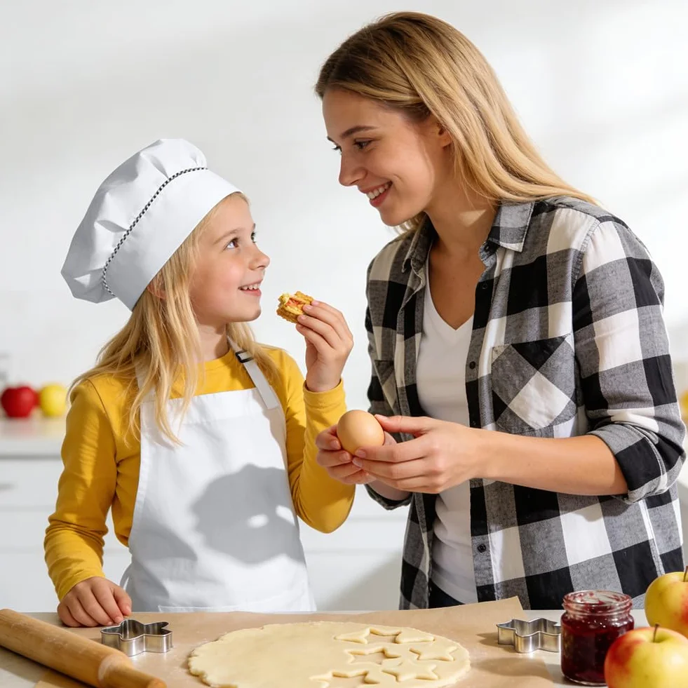 DiULi Fartuch dziecięcy i zestaw czapek szefa kuchni, regulowany pasek na szyję i podwójna kieszeń, białe fartuchy kuchenne dla dzieci, gotowanie, pieczenie i zajęcia plastyczne