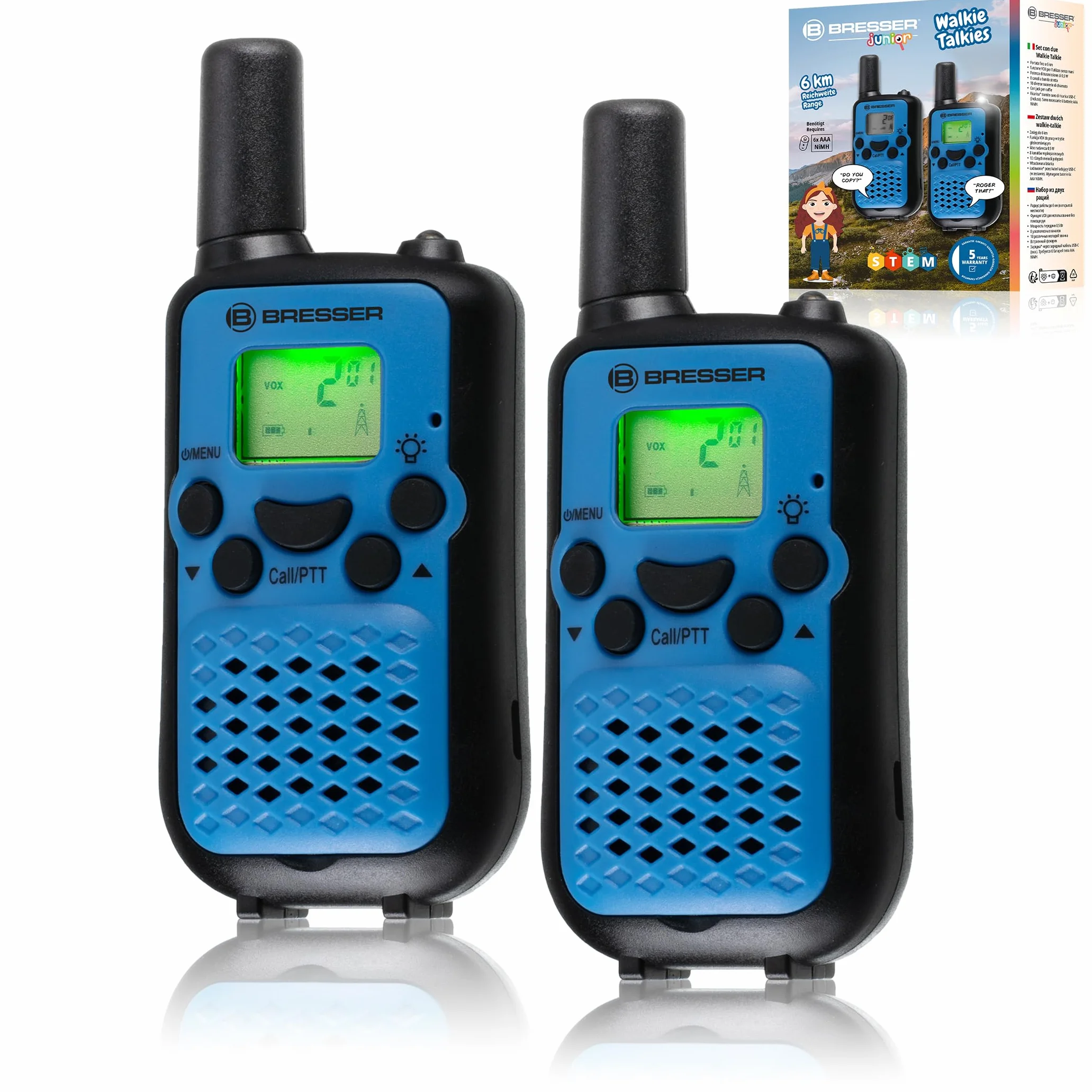 Bresser Zestaw 2 walkie talkie JUNIOR o dużym zasięgu do 6 km i funkcja głośnomówiąca niebieski