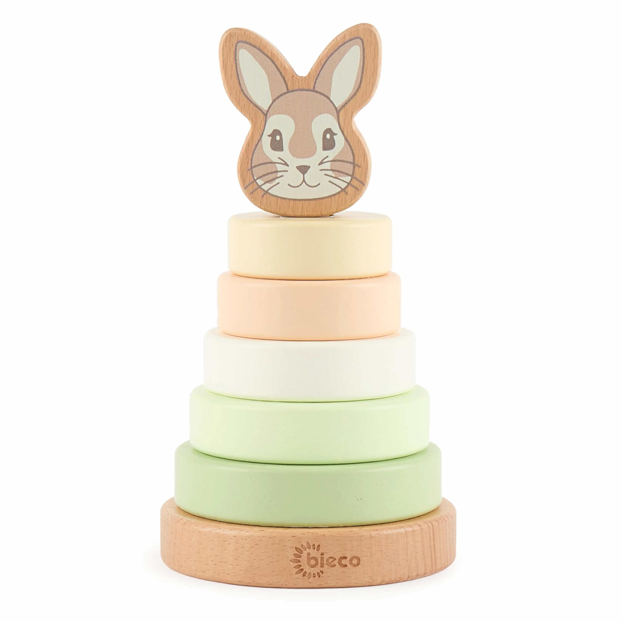 BIECO Wieża do układania Baby Rabbit Fine | Zrównoważone drewno FSC® | 19 cm | Gra wtykowa od 1 roku Pierścienie do układania dla niemowląt Drewniana zabawka dla niemowląt od 1 roku Wieża do układania