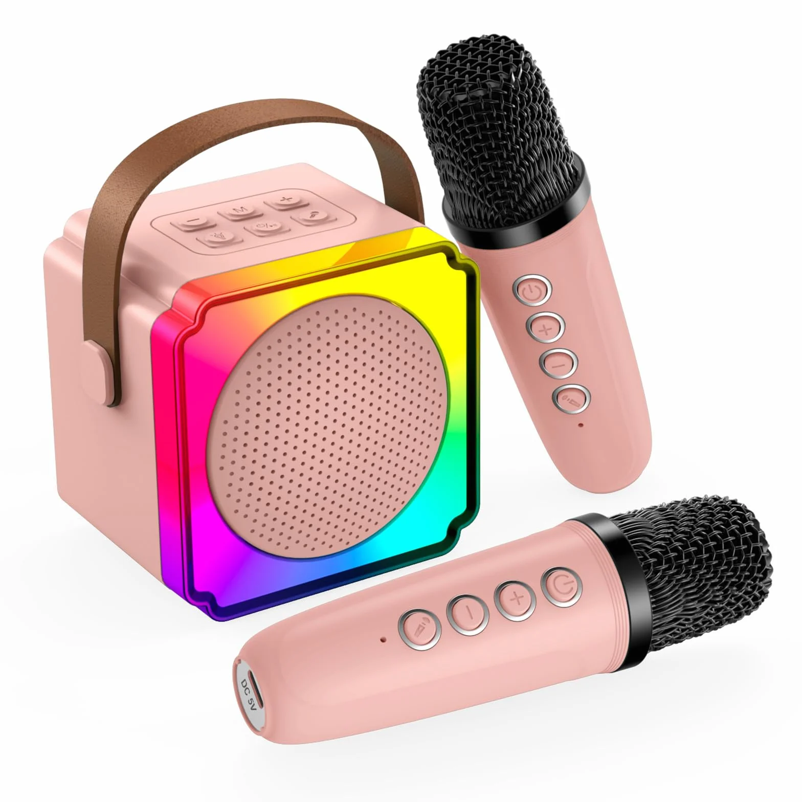 Maszyna do Karaoke dla Dzieci firmy MMOBIEL - Przenośna Maszyna do Karaoke - Głośnik Bluetooth, 2 Mikrofony, Światła LED, 5 Efektów Dźwiękowych - Prezenty dla Dziewcząt, Chłopców, 3+ Lata - Różowy