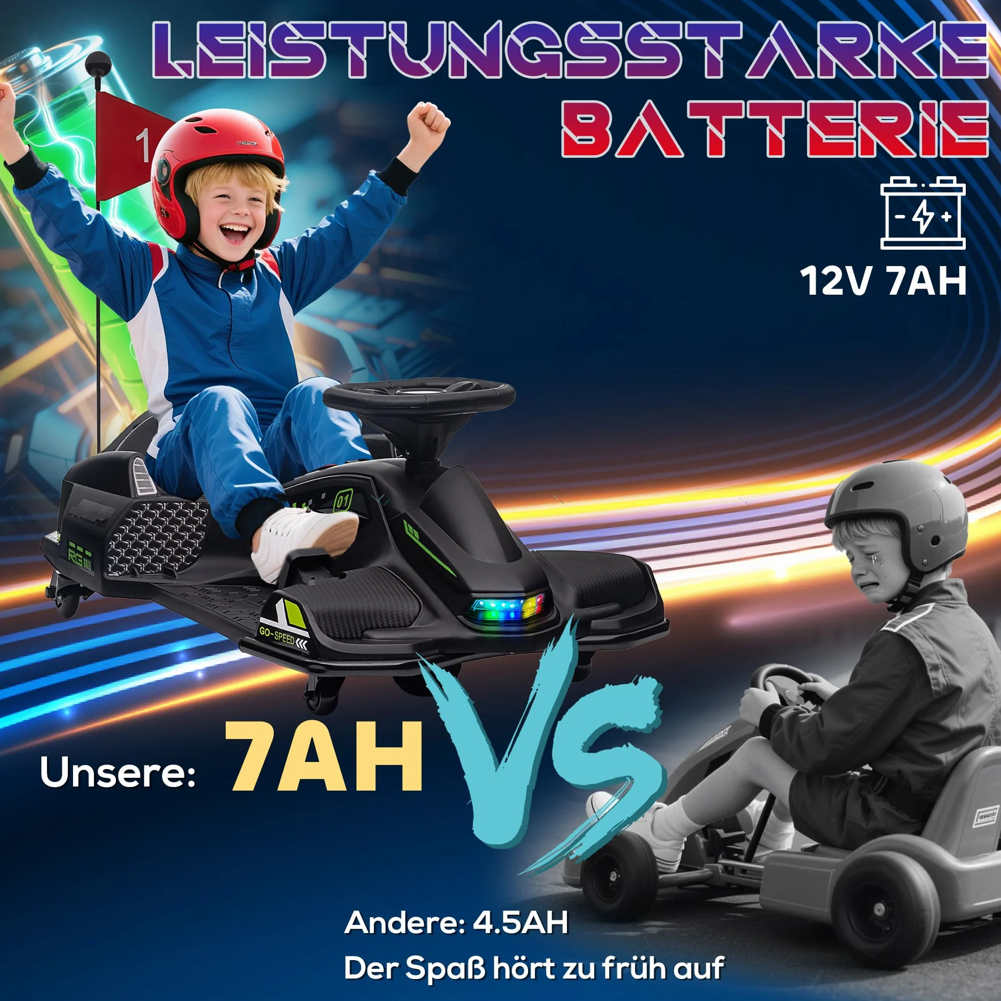 HOMCOM Elektryczny gokart dla dzieci, 12 V, 3-8 km/h, z trybem dryfowania, powolnym startem, muzyką, pas bezpieczeństwa, pojazd dla dzieci w wieku 8-12 lat, czarny