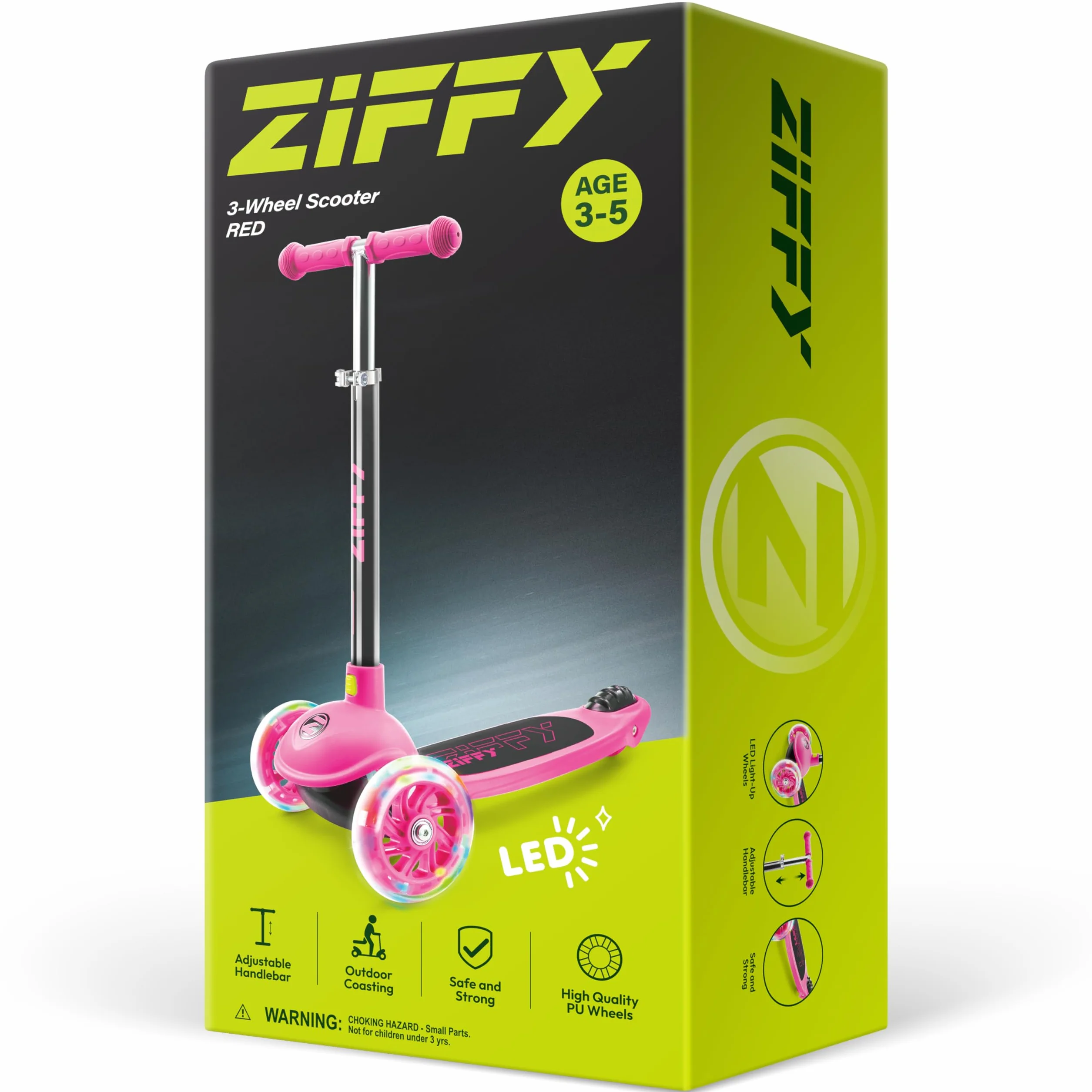 ZIFFY 3 Wheel Scooter for Kids 3-5, Toddler Kick Scooters with LED Light-Up Wheels for Boys and Girls, 5 Adjustable Height and Lean-to-Steer Design, Support up to 110 lbs, Red by JOVA