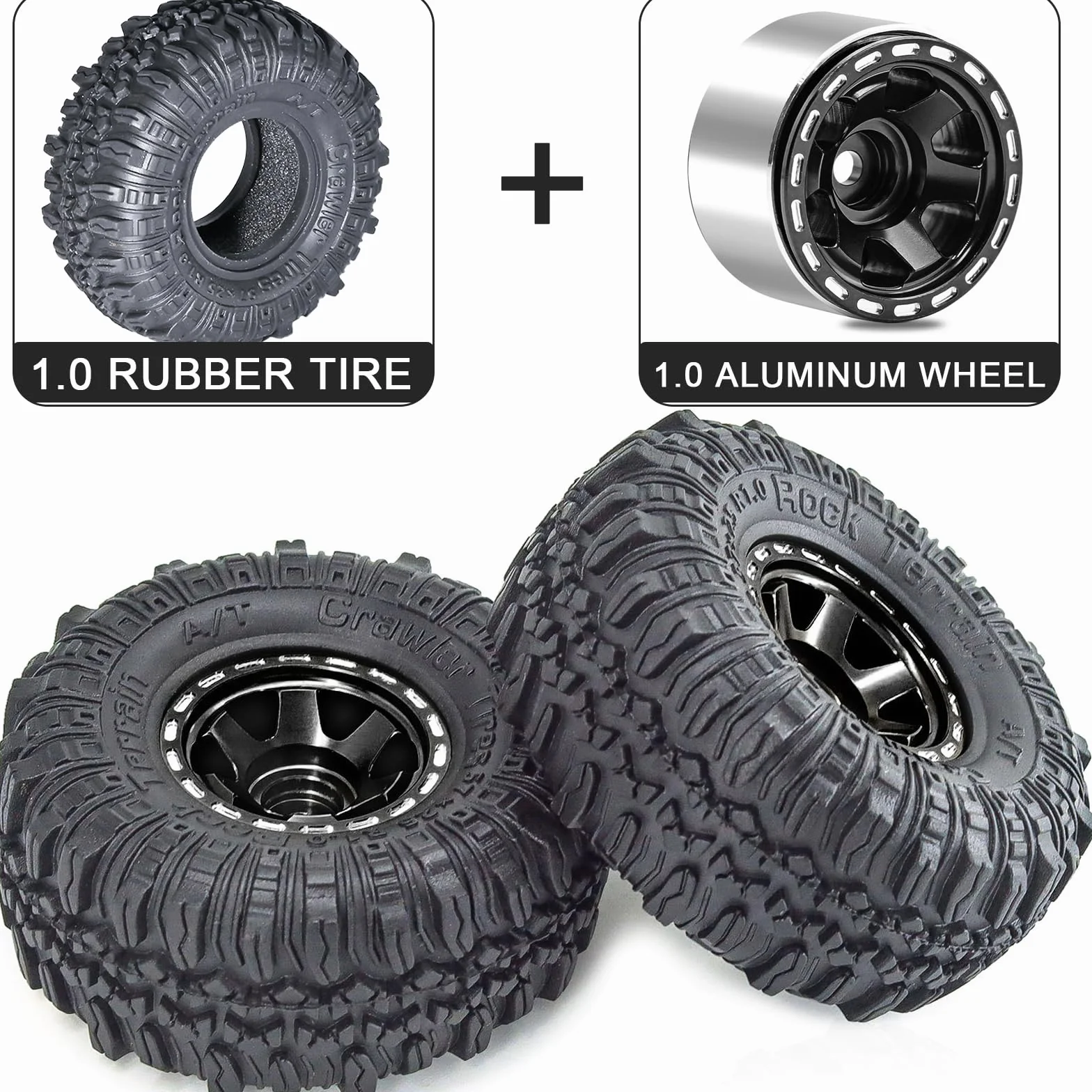 1.0 Beadlock zestaw felg i opon 57 x 24 mm, gumowe opony Rock Crawler i aluminiowe felgi do 1/18 1/24 Axial SCX24 TRX4M Gladiator Bronco C10 JLU Deadbolt RC Crawler Upgrade (czarny)
