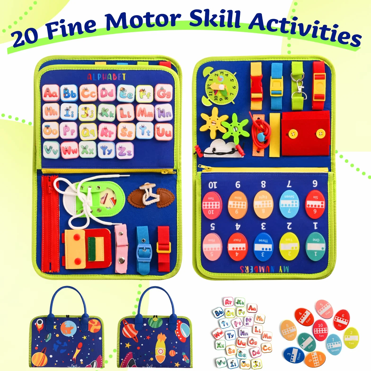 TenFans Space World Busy Board dla dzieci, zabawka Montessori, 3, 4, 5 lat, gra edukacyjna do nauki umiejętności motorycznych, zabawki dla niemowląt, zabawki podróżne do podróży samolotem, samochód