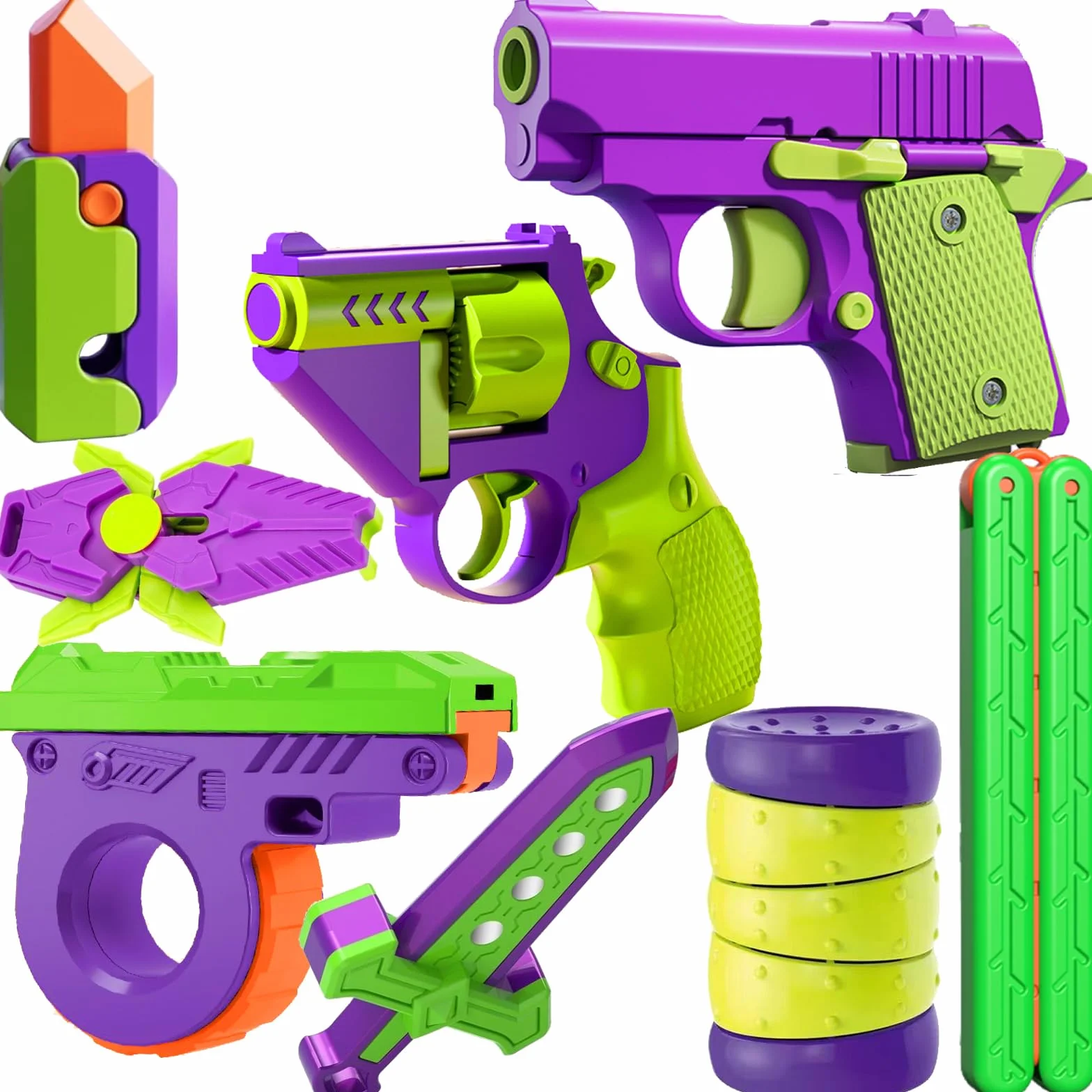 Fidget Toy Gun, 1911 Stress Shot Toy Gun Set for Adults & Kids, 3D Printed Peace Pistol Magnetic Fidget Slider Toy Anxiety Relief Items Pack, 8 PCS