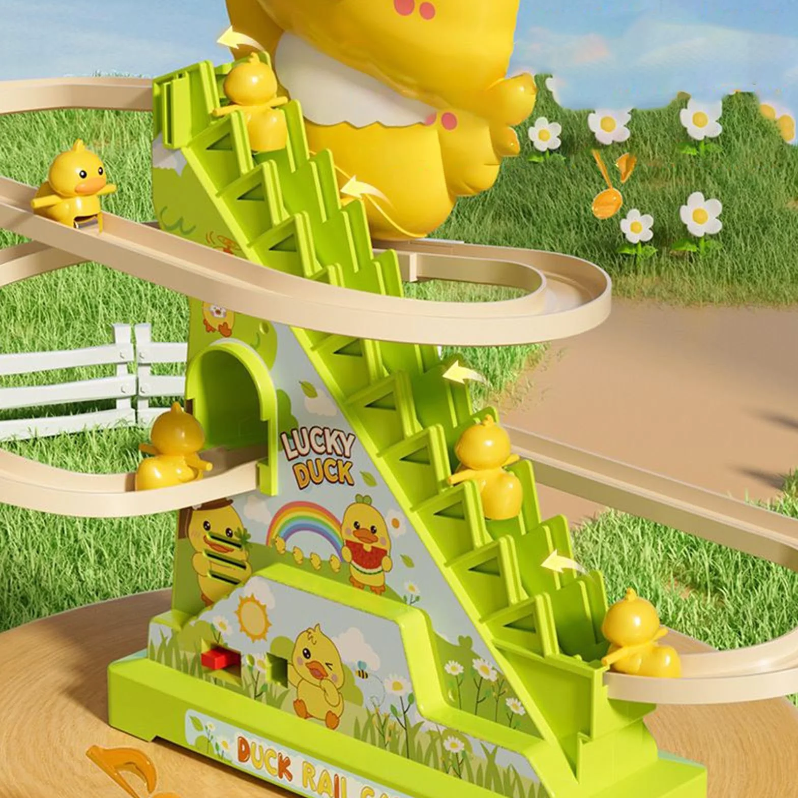 Duck Climbing Stairs Toy - Musical Rolling Game for Kids Entertainment | ABS Track Set with Moving Stair Conveyor, Light Up Duck Figures, Interactive Activity Toy for Playroom Fun