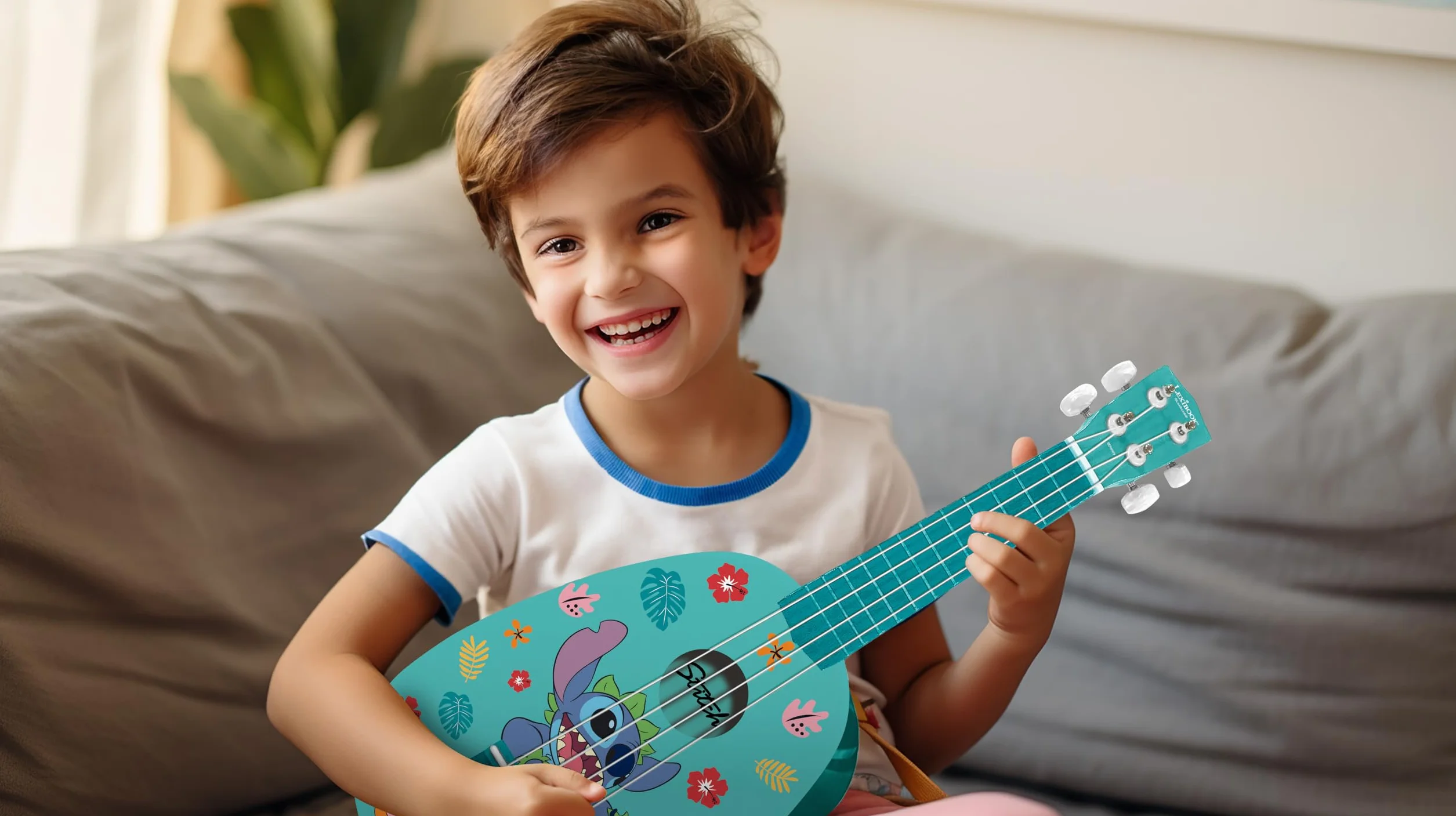 Lexibook, Disney Stitch, Moje Pierwsze Drewniane Ukulele, 4 Struny Nylonowe, 53 cm, Przewodnik w Zestawie, Niebieski, K230D