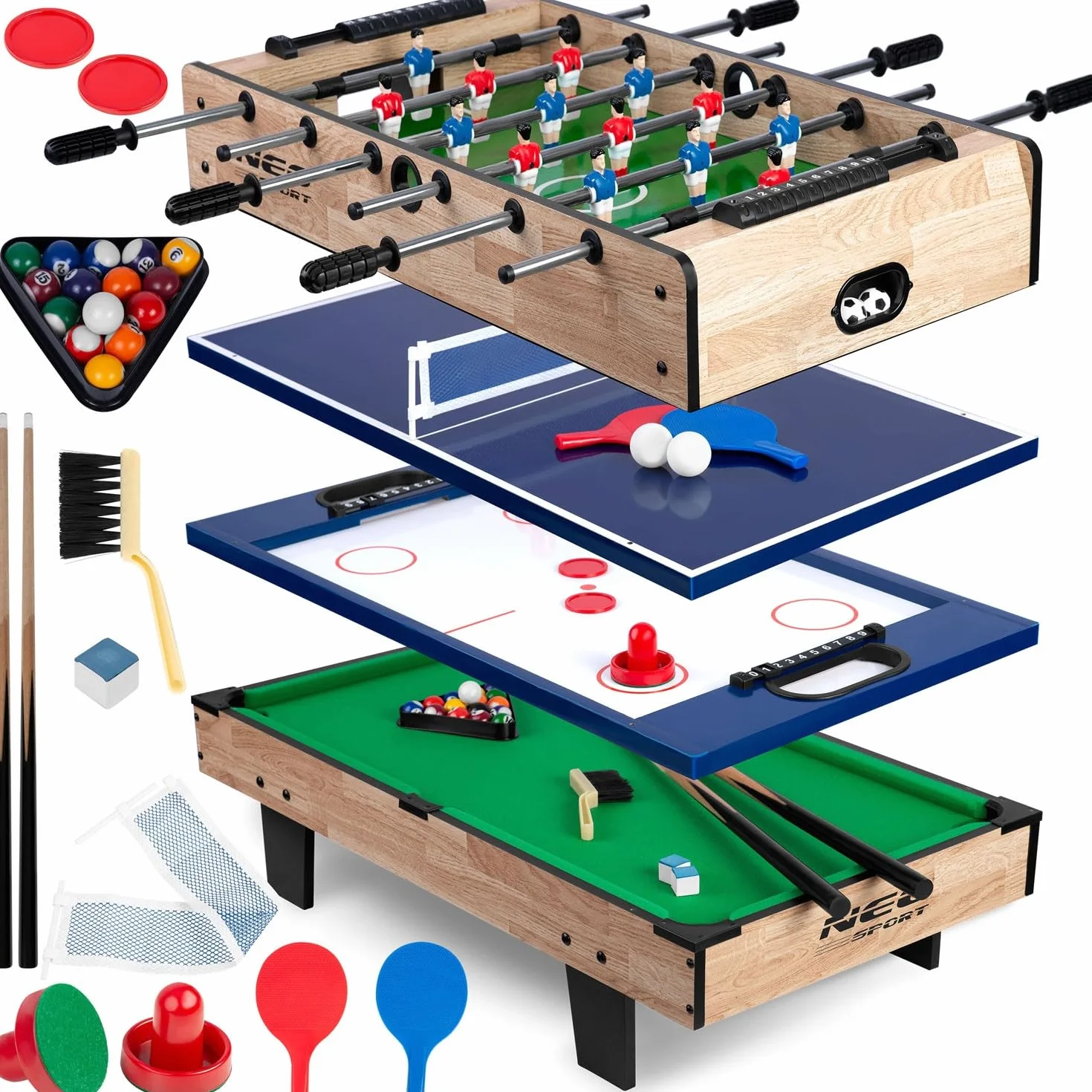 Stół do gier 4w1, gry piłkarzyki, cymbergaj, bilard, ping-pong, 43 x 82 x 32 cm, Neo-Sport