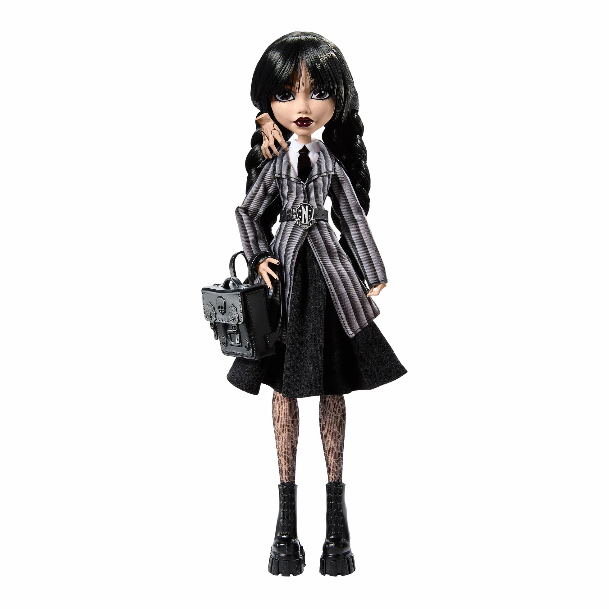 Monster High Wednesday Addams Lalka kolekcjonerska w szkolnym mundurku Akademii Nevermore z figurką Rączki, plecakiem, akcesoriami i podstawką dla lalki, HXJ04