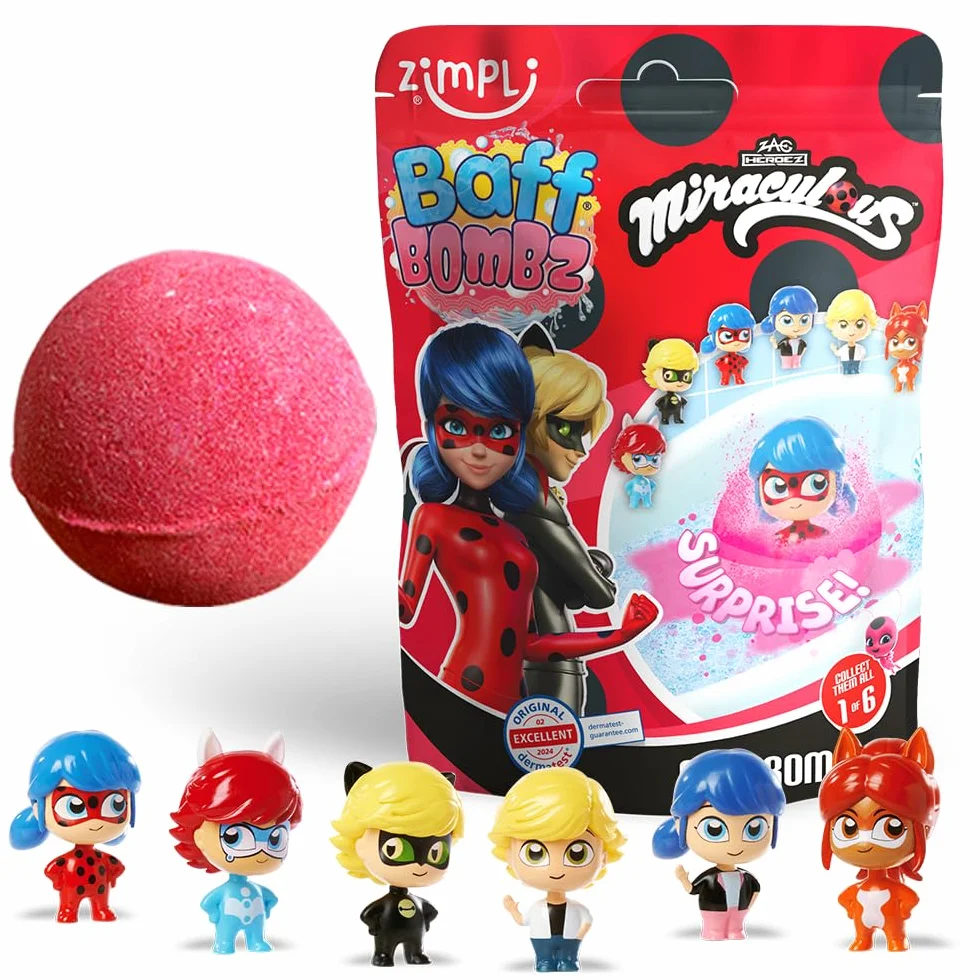 ZIMPLI - Large Miraculous Surprise Bath Bomb, 1 z 6 zabawek Miraculous do zebrania, 1 zabawka w każdej kuli Baff Bombz, kolekcjonerskie prezenty dla dziewczynek i chłopców