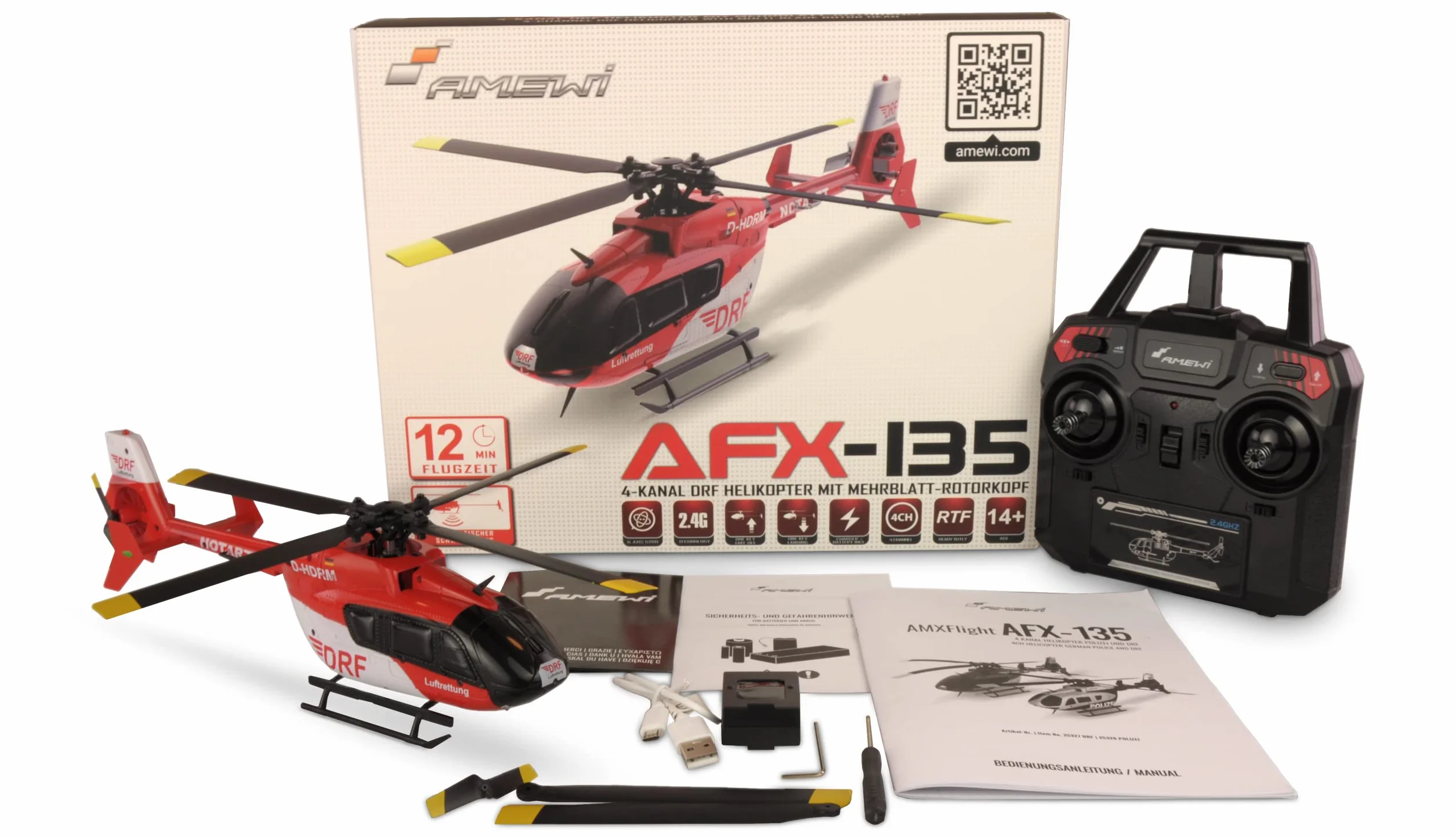 Amewi 25327 AFX-135 DRF 4-kanałowy helikopter 6G 2,4 GHz RTF, czerwony/biały