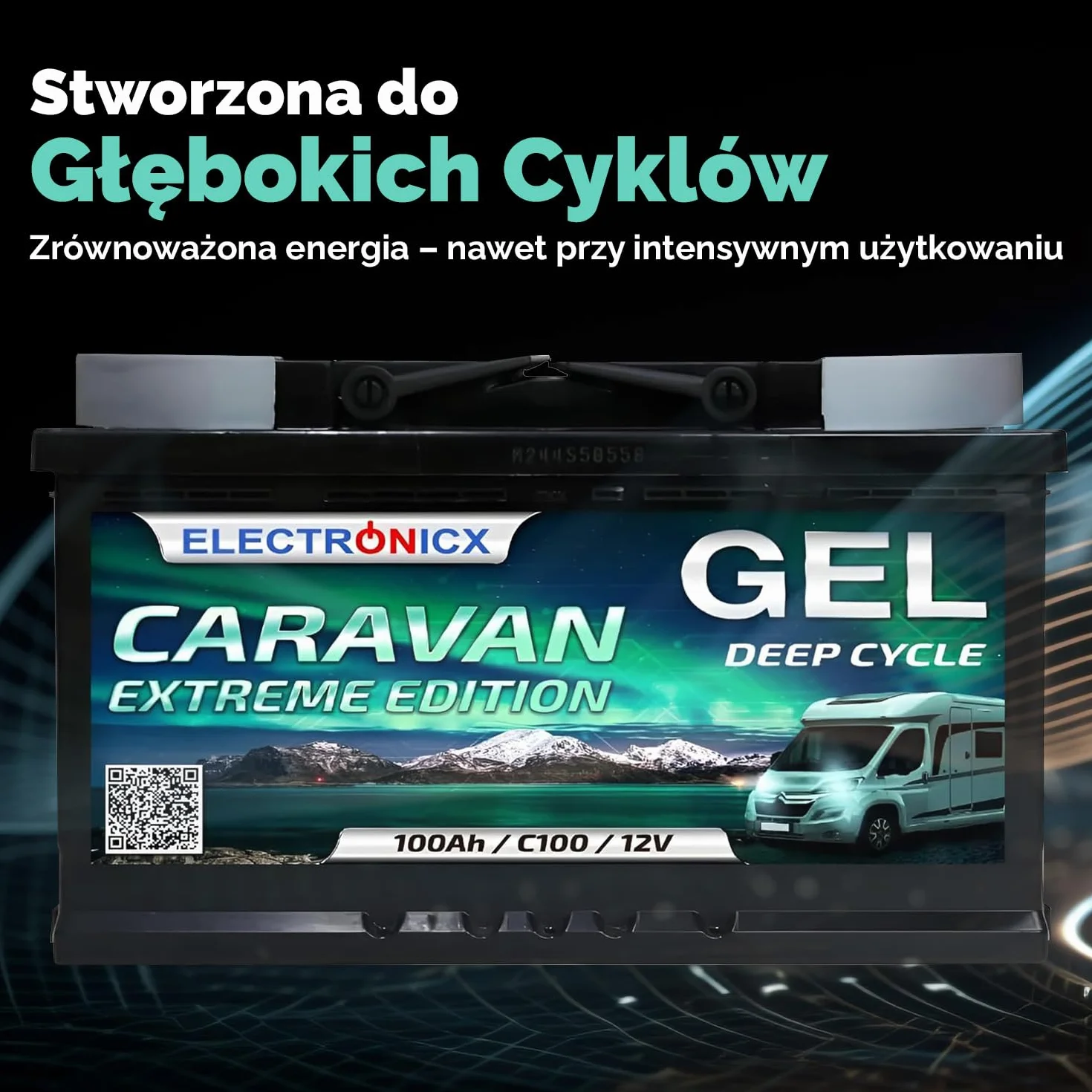 Electronicx CARAVAN EXTREME EDITION 100Ah / C100 / 12V – Żelowy akumulator zasilający – 100Ah – 12V – do kampera, vana, łodzi, systemów PV – bezobsługowy i wytrzymały – 278×175×190 mm