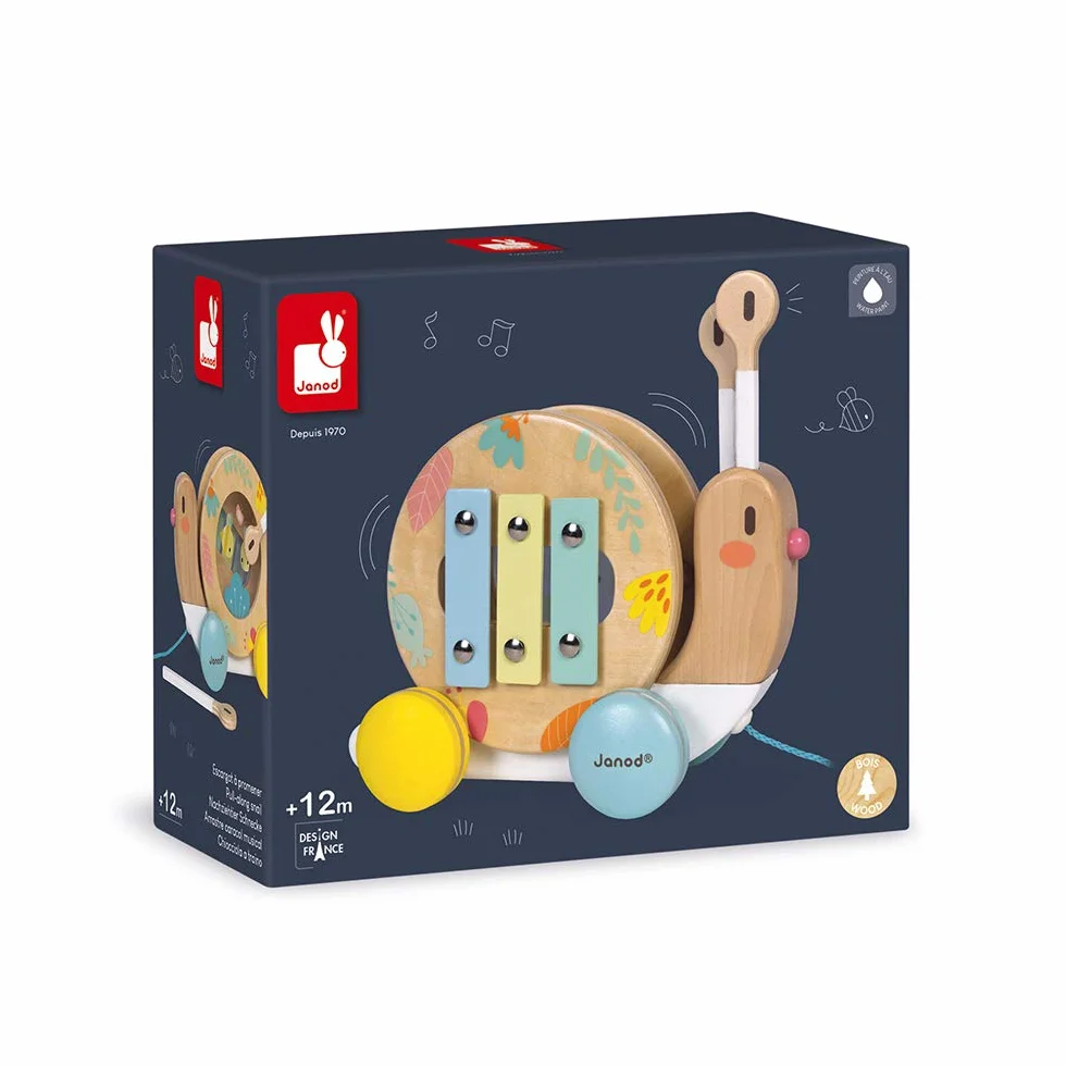 Janod - Wooden Pure Pull-Along Snail - Wooden Toy with Xylophone and Tambourine - Water Based Paint - Educational Musical Early Learning Toy - from 1 Year Old, J05159