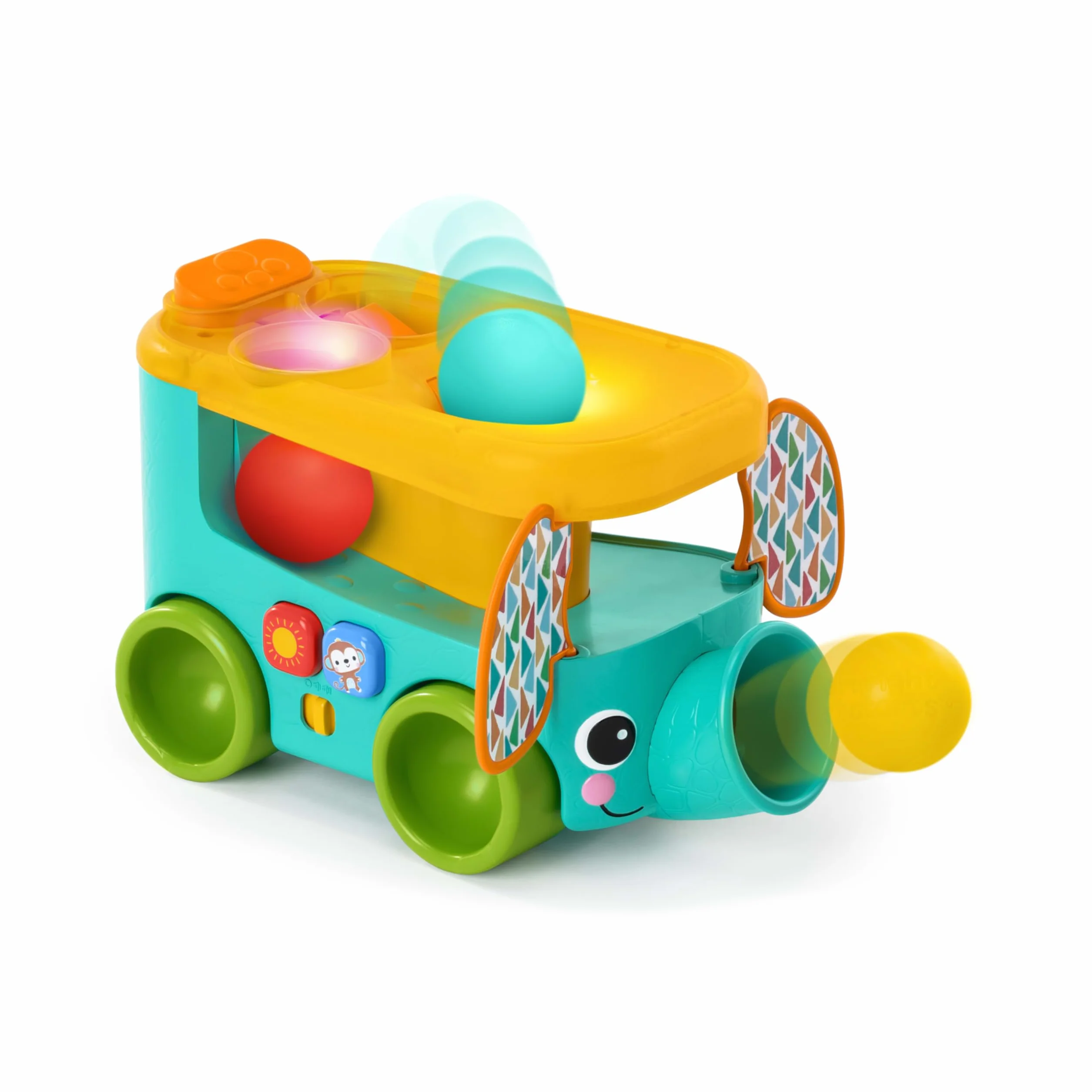 Bright Starts Pop & Roll Safari Bus zabawka do raczkowania słoni, zabawka do raczkowania dla niemowląt, unisex, wiek 6 miesięcy