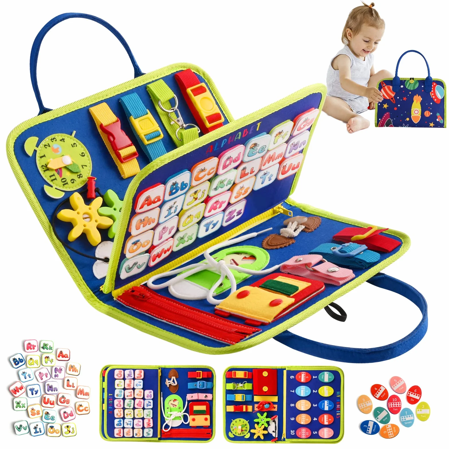 TenFans Space World Busy Board dla dzieci, zabawka Montessori, 3, 4, 5 lat, gra edukacyjna do nauki umiejętności motorycznych, zabawki dla niemowląt, zabawki podróżne do podróży samolotem, samochód