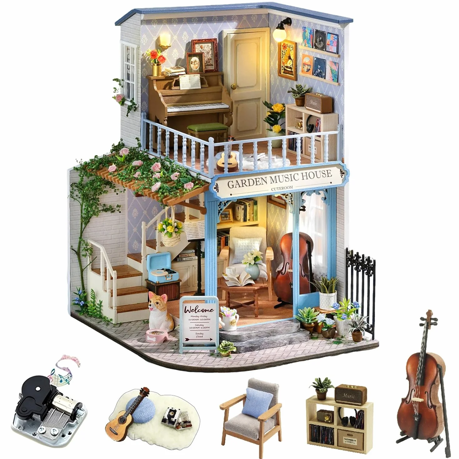CUTEROOM DIY miniaturowy domek dla lalek - kreatywny drewniany model 3D z oświetleniem LED i ruchem muzycznym - zestaw konstrukcyjny dla dorosłych, wystrój domu - melodia