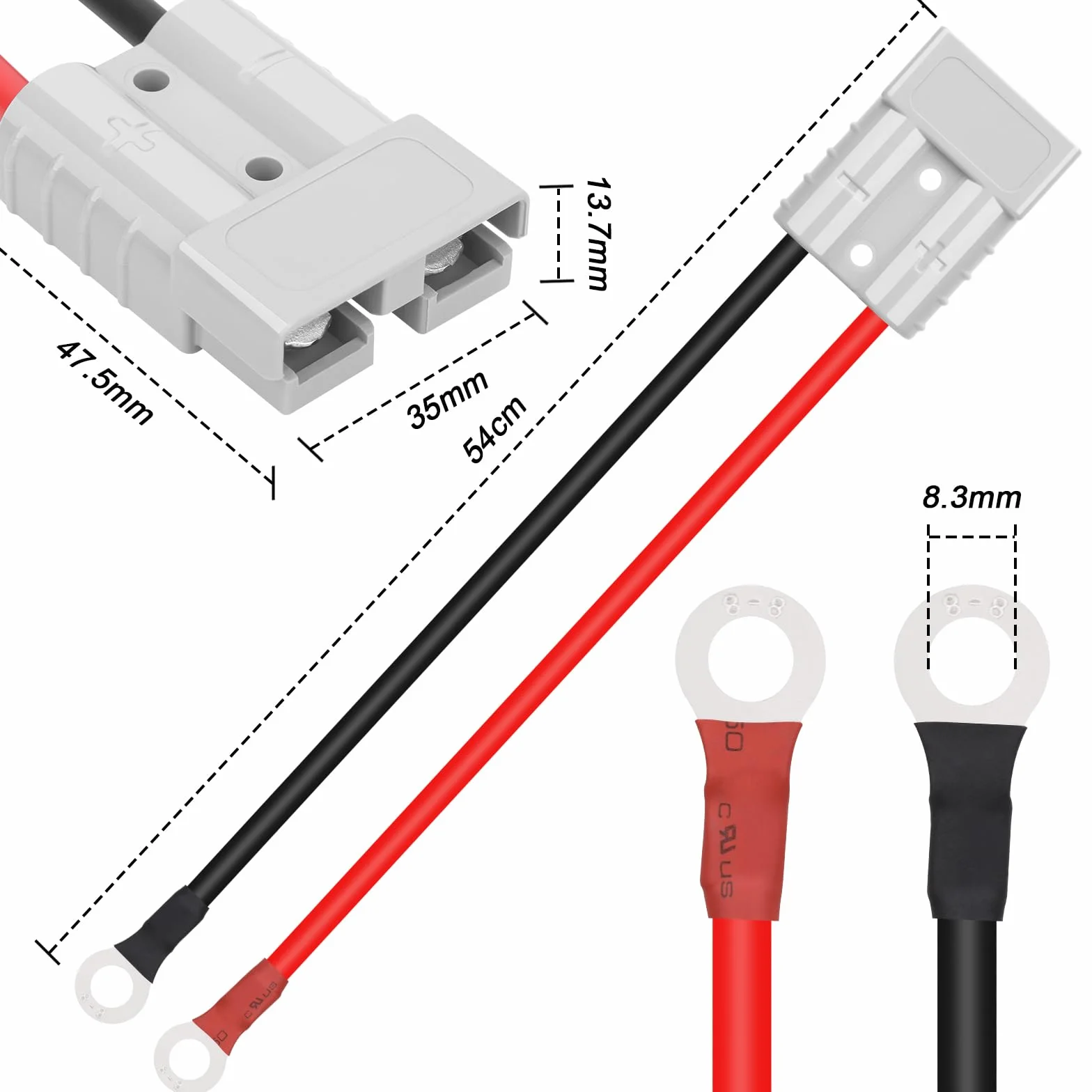 Przyłącze akumulatora 50 A, 600 V, wtyczka z kablem do O-ring, 10 AWG, 50 cm, wtyczka do wózka widłowego i wciągarki przyczepy
