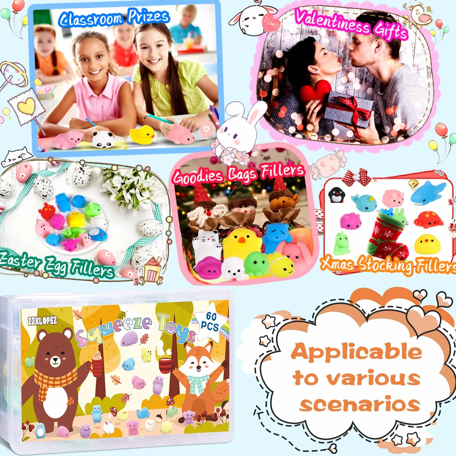 60 Sztuk Mochi Squishy Toy, Wycisnąć Zabawki, Śliczne Zabawki ze Zwierzętami do ściskania, Mini Zabawki do Zgniatania, Zabawki Antystresowe dla Dorosłych, Wypełniacze Wielkanocne