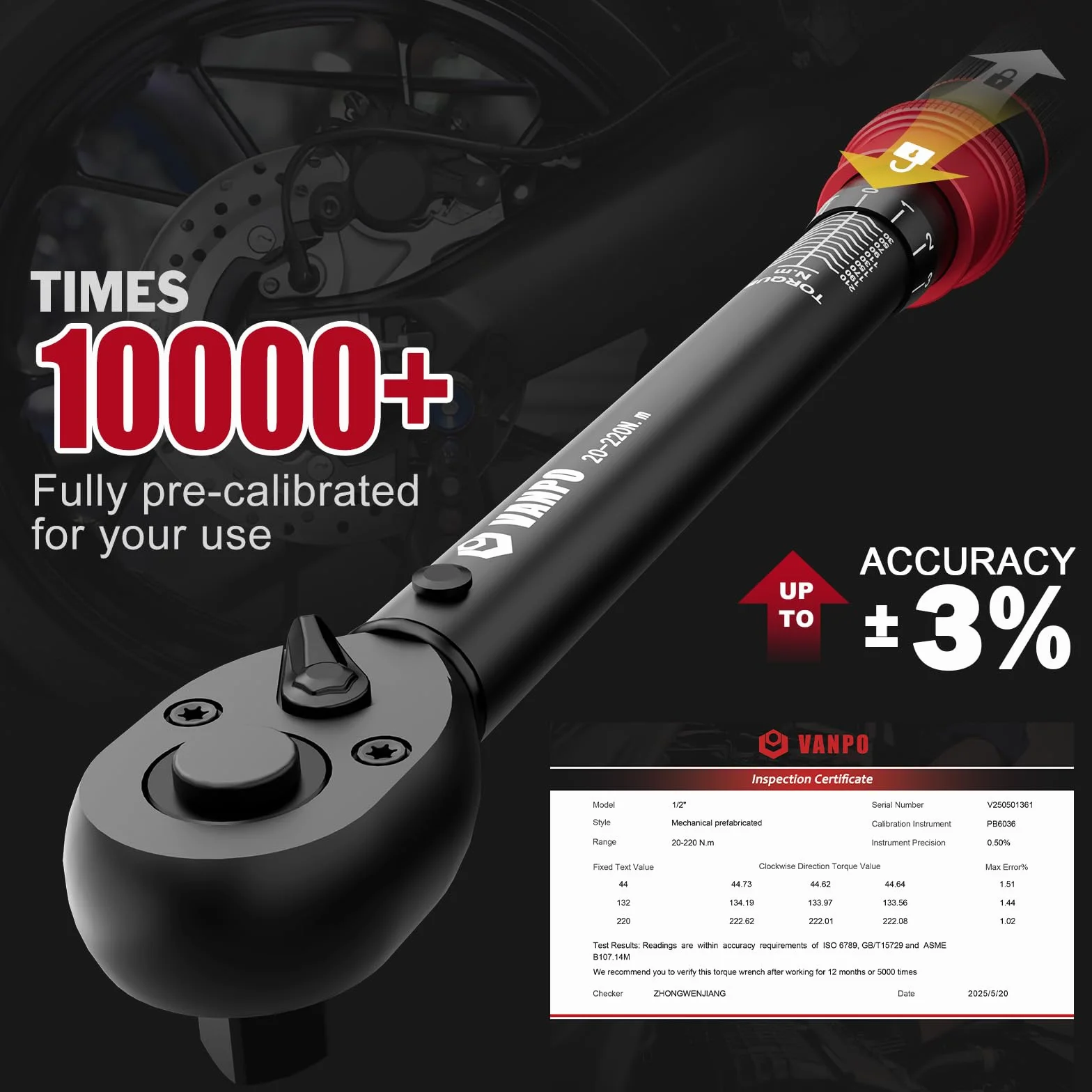 VANPO Klucz dynamometryczny 1/2", 20-220 Nm klucz dynamometryczny do samochodu i motocykla, 7-częściowy zestaw