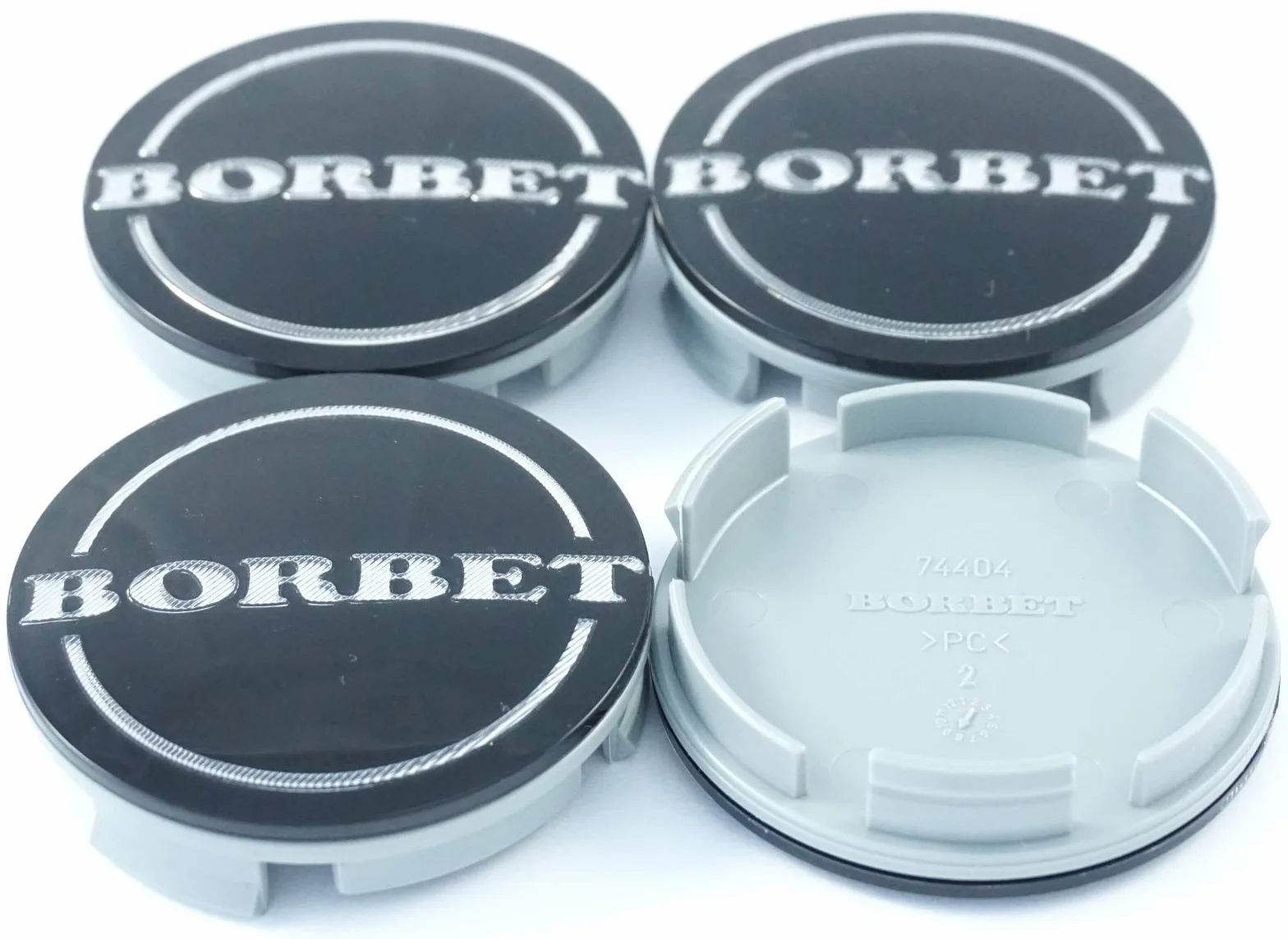 4 x oryginalny dekiel do piasty Borbet, zaślepka do felg, nasadka, kolor czarny, błyszczący, srebrny, 55 mm - 56 mm, 74404