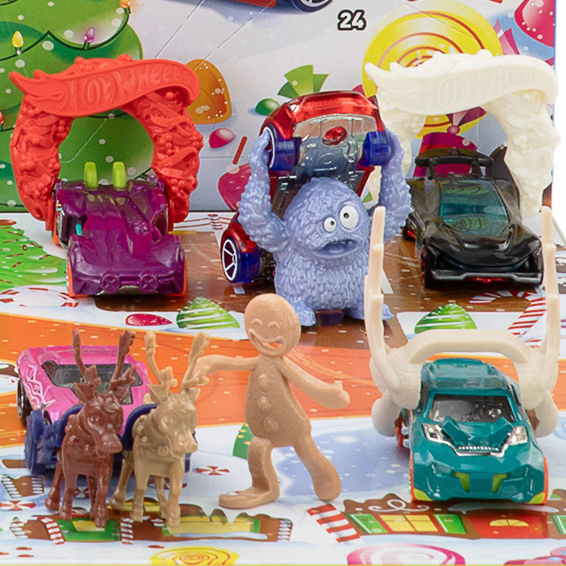 Mattel Hot Wheels Kalendarz adwentowy Zestaw do zabawy, 10 samochodów zabawek w skali 1:64, 10 ozdobnych klipsów i 14 zimowych akcesoriów, JCB47