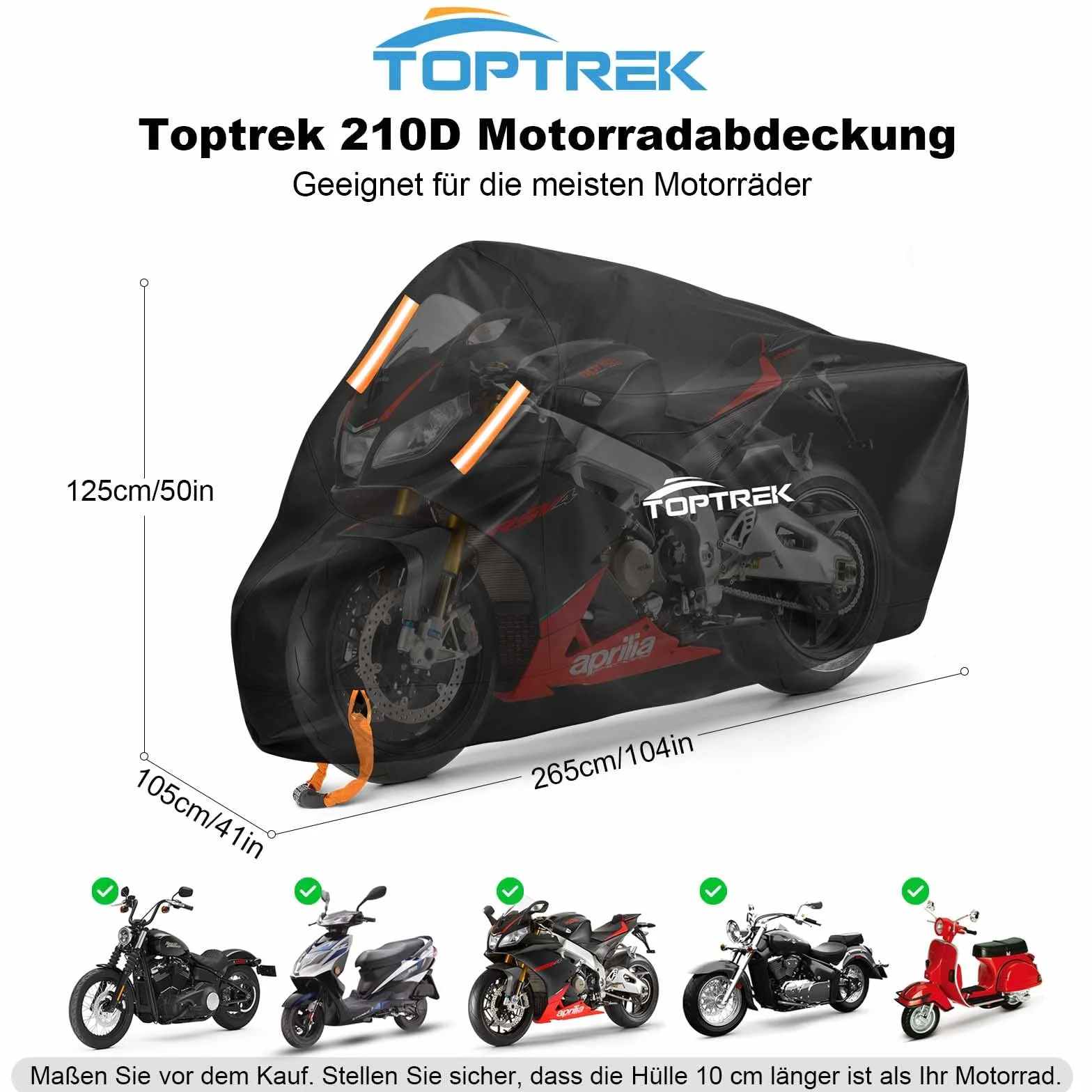 toptrek Pokrowiec na motocykl z taśmą ze szwem, plandeka na motocykl 210D Oxford, wodoszczelna, oddychająca, do użytku na zewnątrz, czarna (265 x 105 x 125 cm)