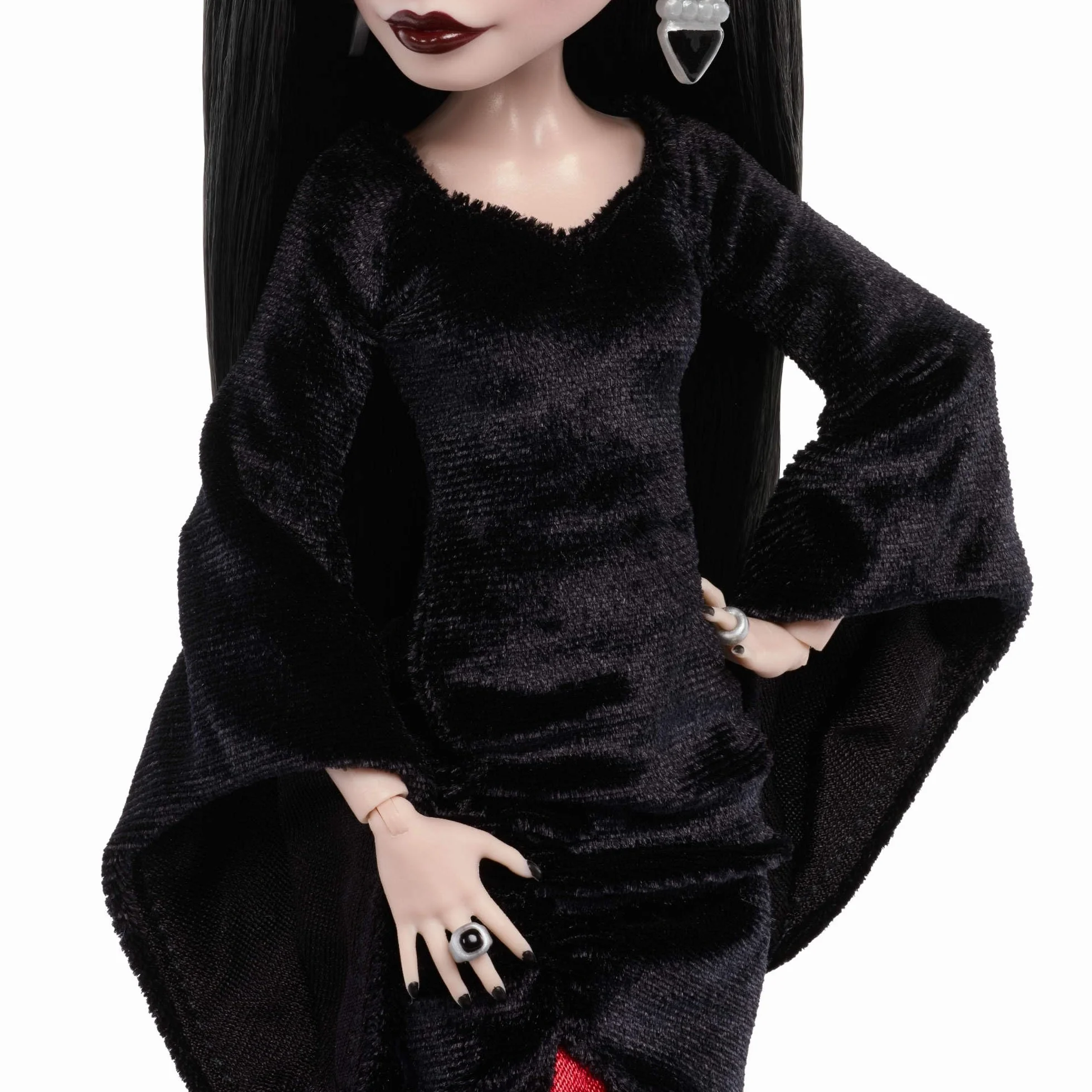Monster High x Wednesday Morticia Addams Lalka kolekcjonerska Czarno-szkarłatna aksamitna sukienka, biżuteria, inspirowane serialem buciki na obcasie i podstawka dla lalki zabawka dla dzieci 6+, JLK99